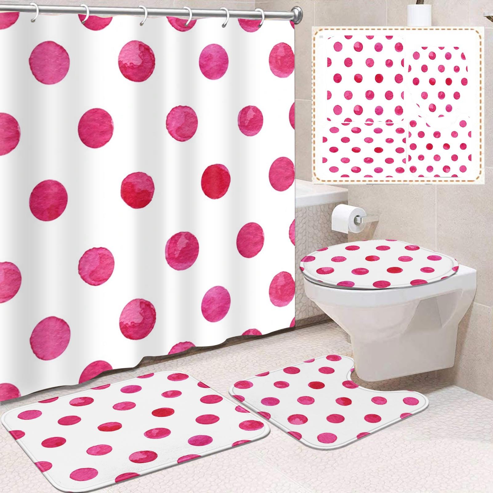 Vintage 4 Pcs Bathroom Sets with Shower Curtain and Rugs, Shower Curtain Sets for Bathroom Decor with 12 Hooks