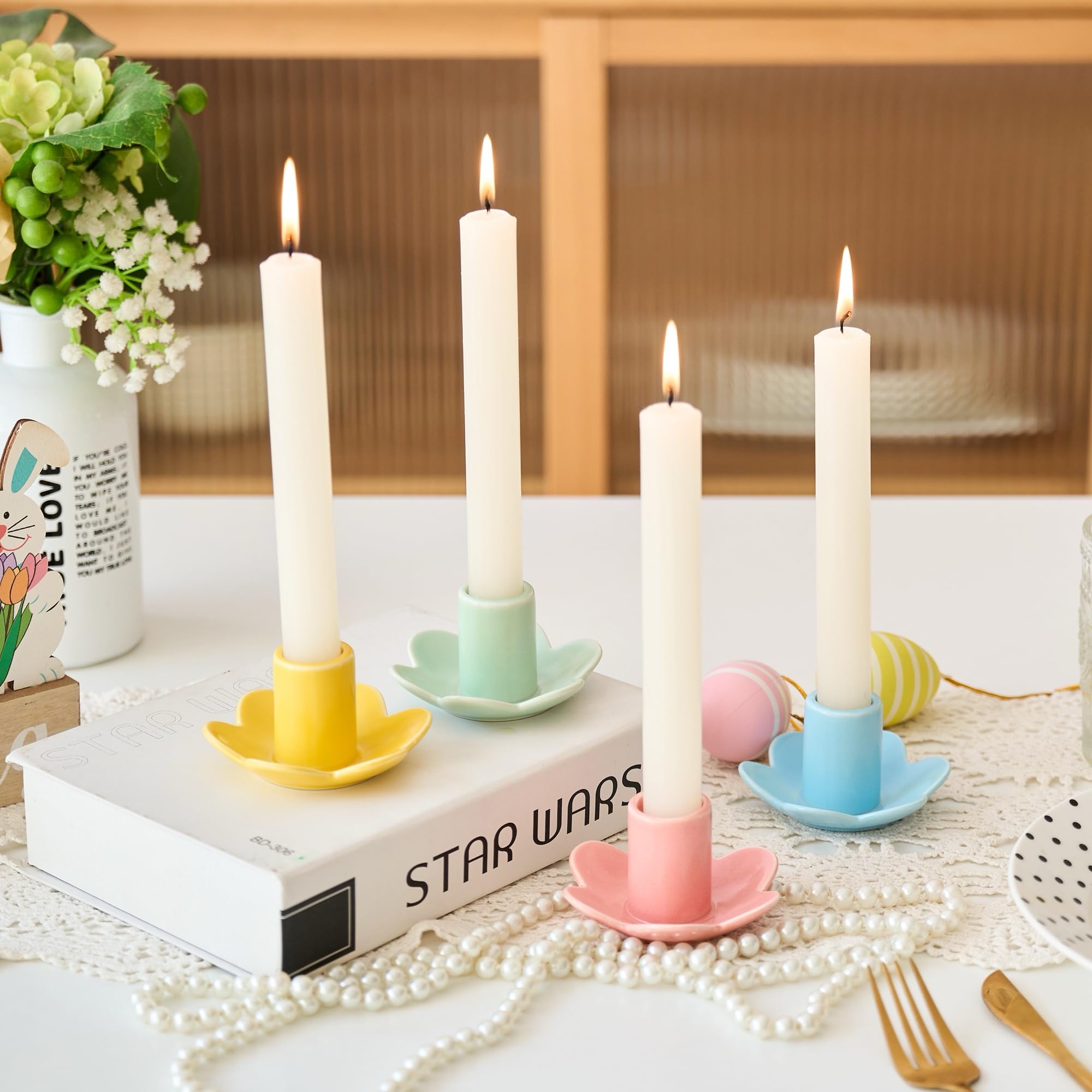Colorful Ceramic Candlestick Holders Set of 4, Cute Taper Candle Holders Chic Flower Shaped Table Centerpiece