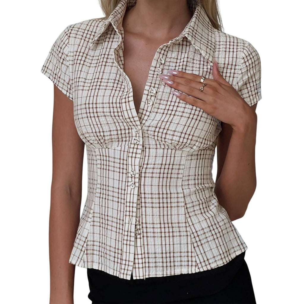 Y2k Fairy Plaid Button Down T Shirts Women Short Sleeve V Neck Aesthetic Tee Shirts Slim Fit Gingham Crop Top