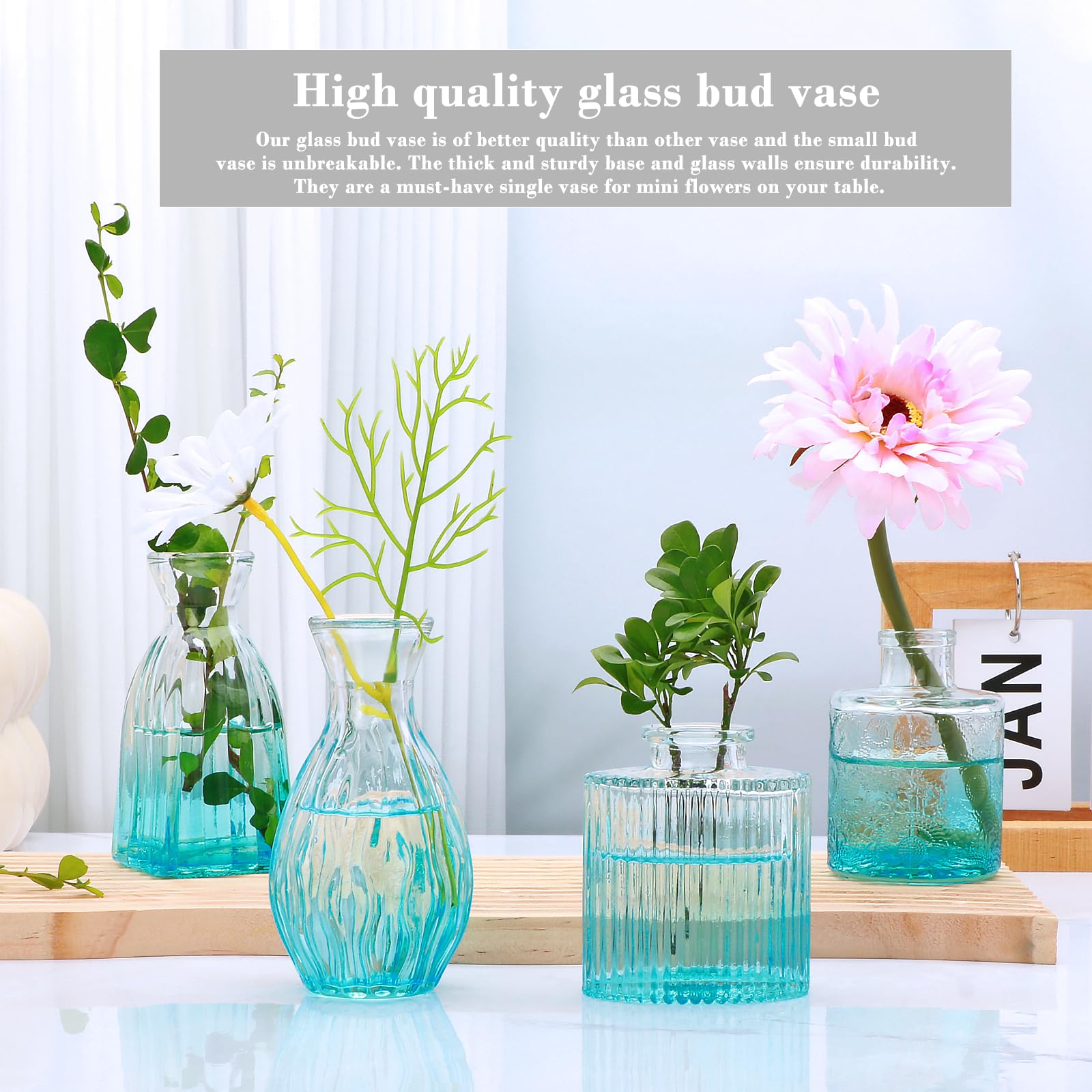 Glass Bud Vases Set of 4, Small Flower Vases for Wedding Centerpiece Vintage Embossed Mini Vases