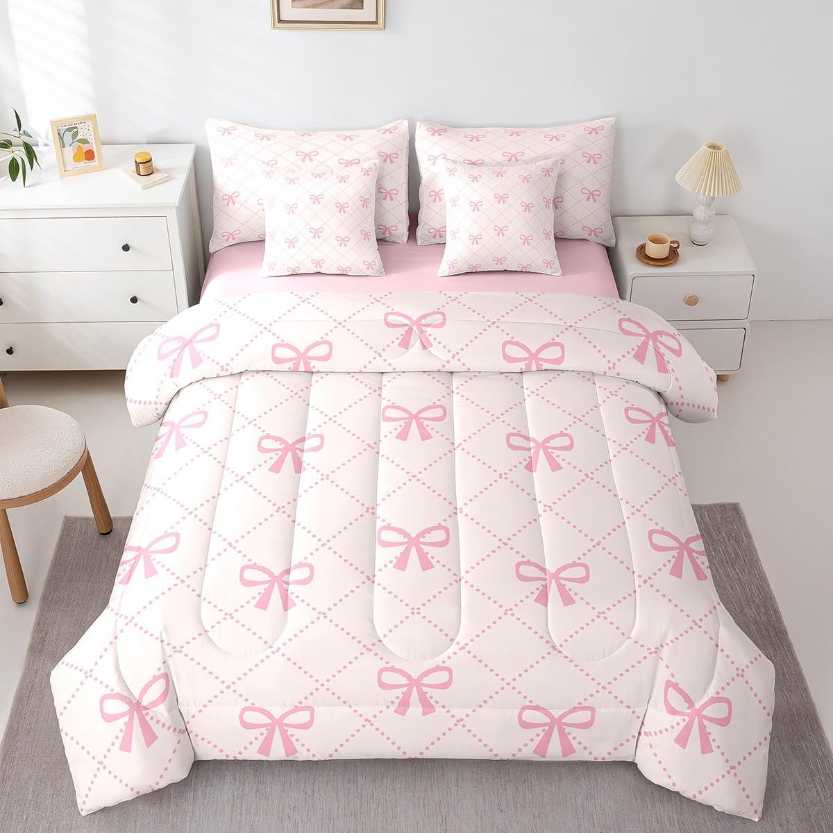 Princess Style Pink Bowknot Comforter Bedding Set, Bow Tie Pink White Dreamy Fairy Tale Bow (Comforter+Fitted+Flat Sheet+2 Pillowcases+2 Throw Pillow Covers) 7 Pieces Bed Set