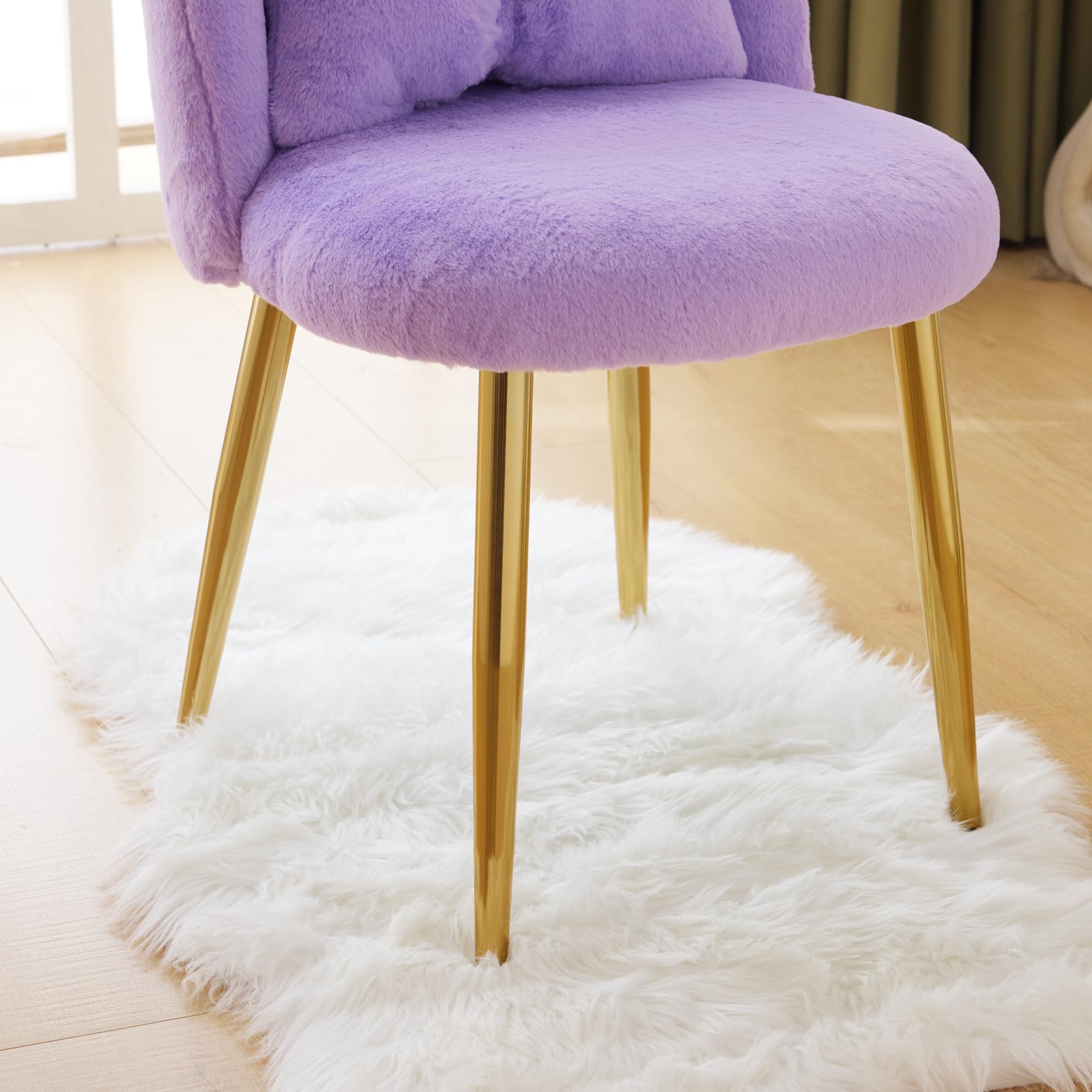 Cute, non-wheeled desk chair with backrest, fluffy cushion, cozy makeup chair with adjustable golden legs