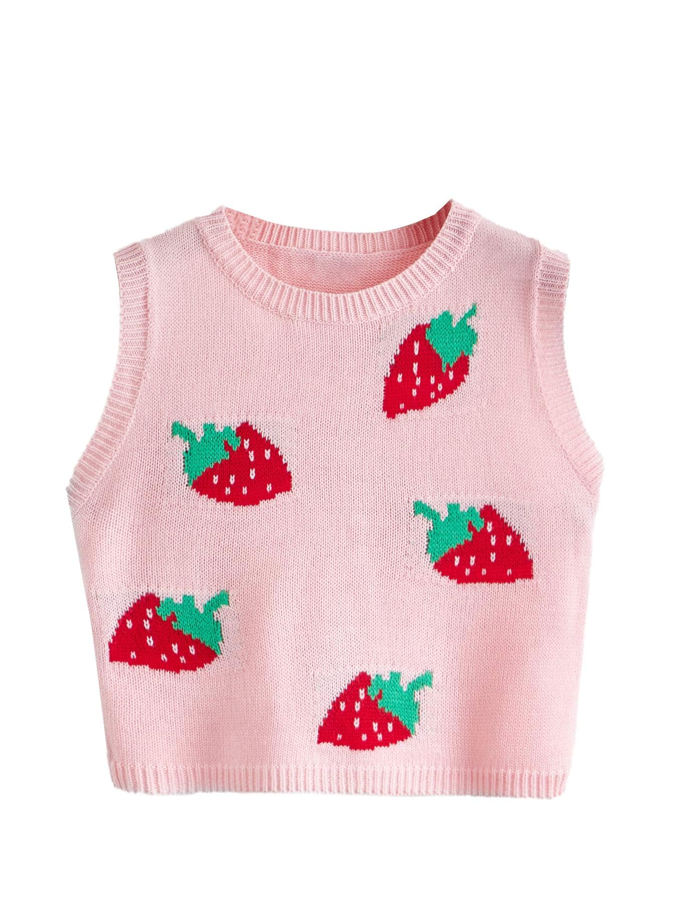 Women's Sleeveless Round Neck Cute Strawberry Sweater Vest Crop Shirt Top