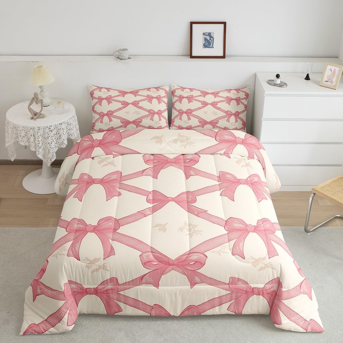Pink Decorative Bowknot Bedding Set Comforter Set Coquette Bows Comforter Ultra Soft Decor Ribbon Bow Duvet Set