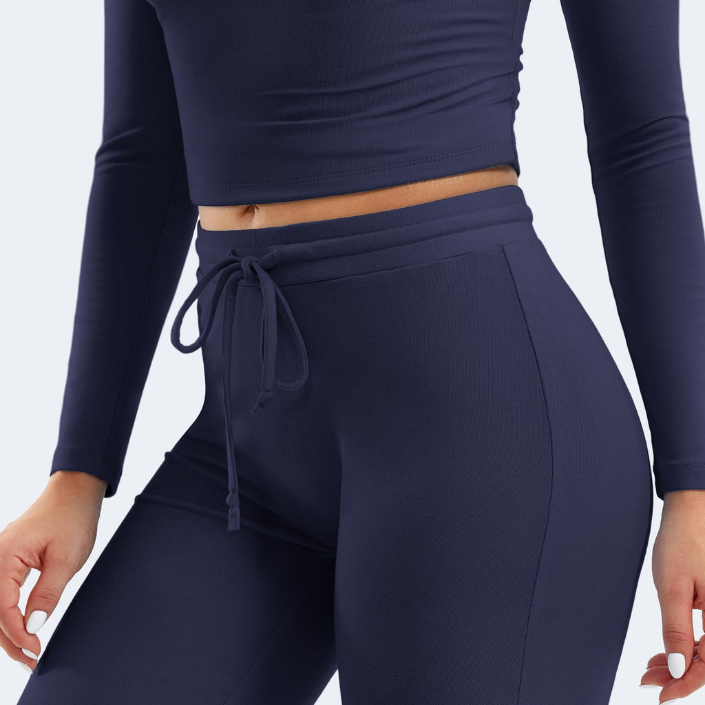 Two Piece Sets for Women Long Sleeve Tops Lounge Set Drawstring Wide Leg Pants Matching