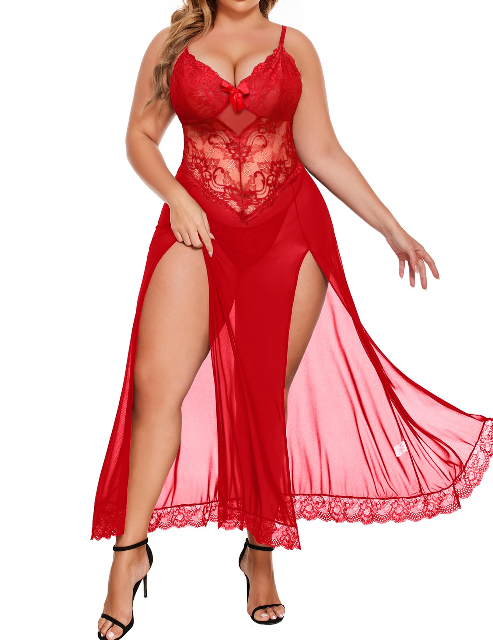 Plus Size Lingerie For Women Babydoll Sexy Mesh Maxi Nightdress Exotic Sleepwear Side Slits