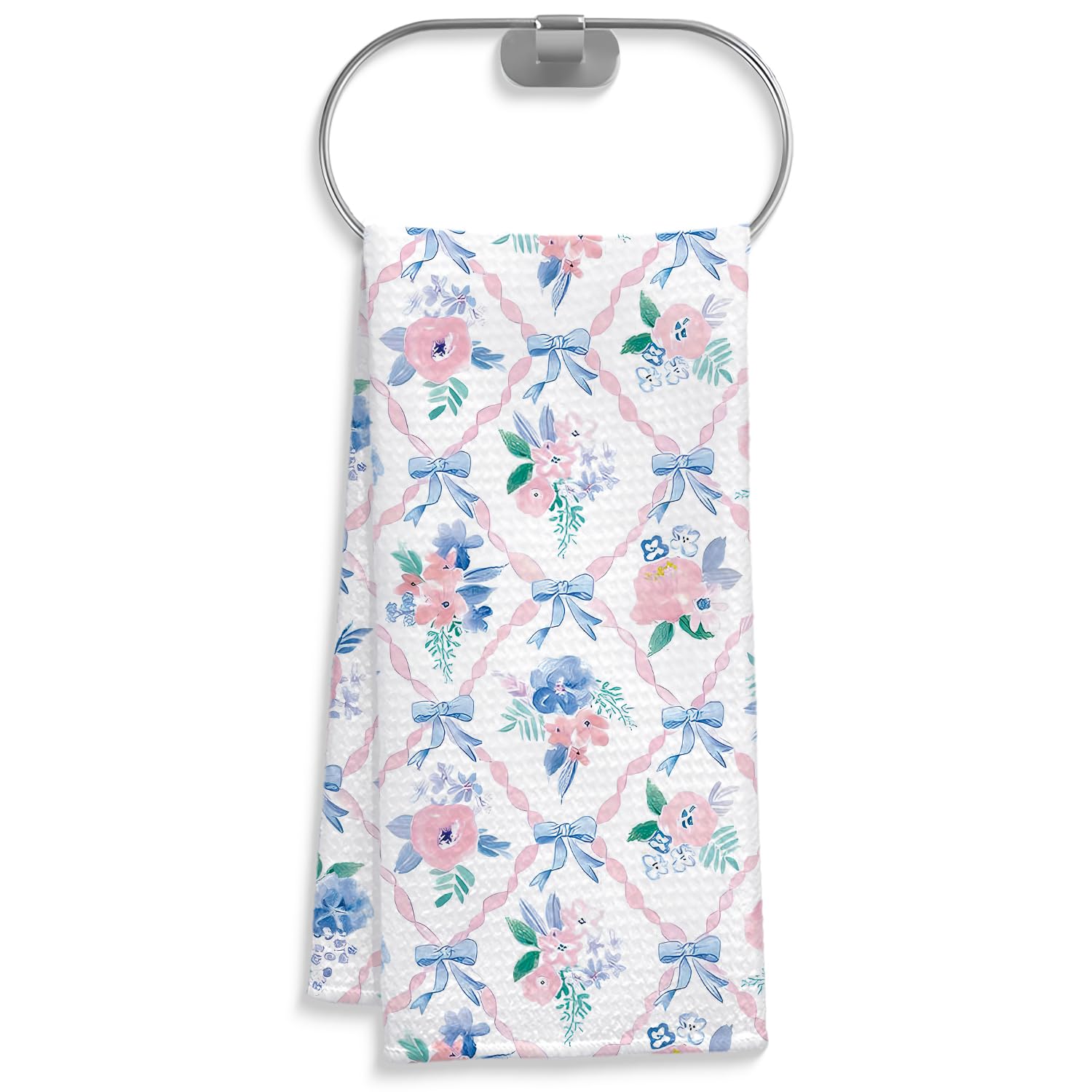 Coquette Bow Floral Kitchen Towel, Grandmillennial Pink Rose Flower Gingham Hand Towel for Bathroom, Pink and White Checkered Dish Tea Towel, 16x24 Inch