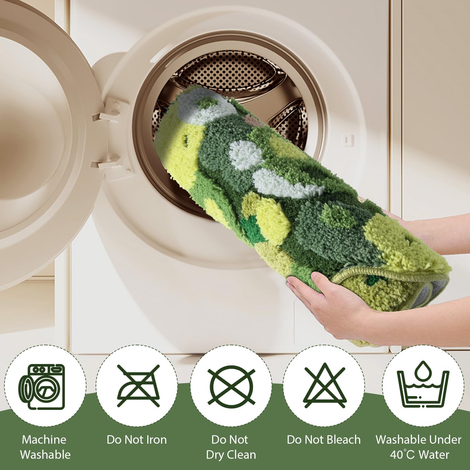 Green Moss Bathroom Rugs Bath Mat Non Slip, Ultra Soft Absorbent Aesthetic Decor Shaggy Tufted Flower Long Bath Rugs