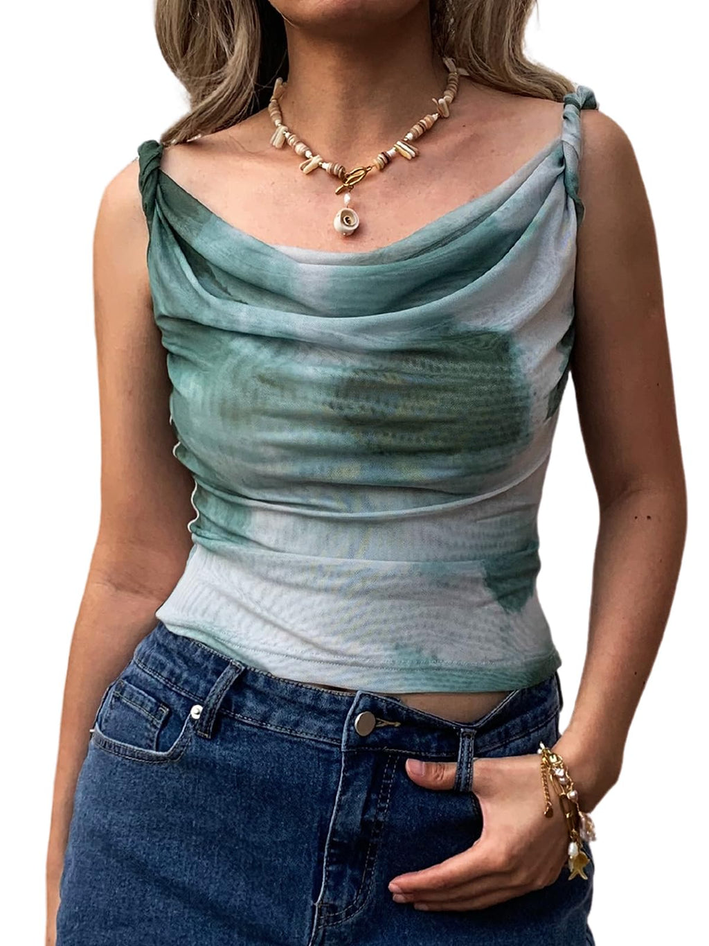 Women's Off The Shoulder Top Sleeveless Twist Strap Slim Fit Tie-Dyed Stretchy Tank Top Y2K Casual T Shirts