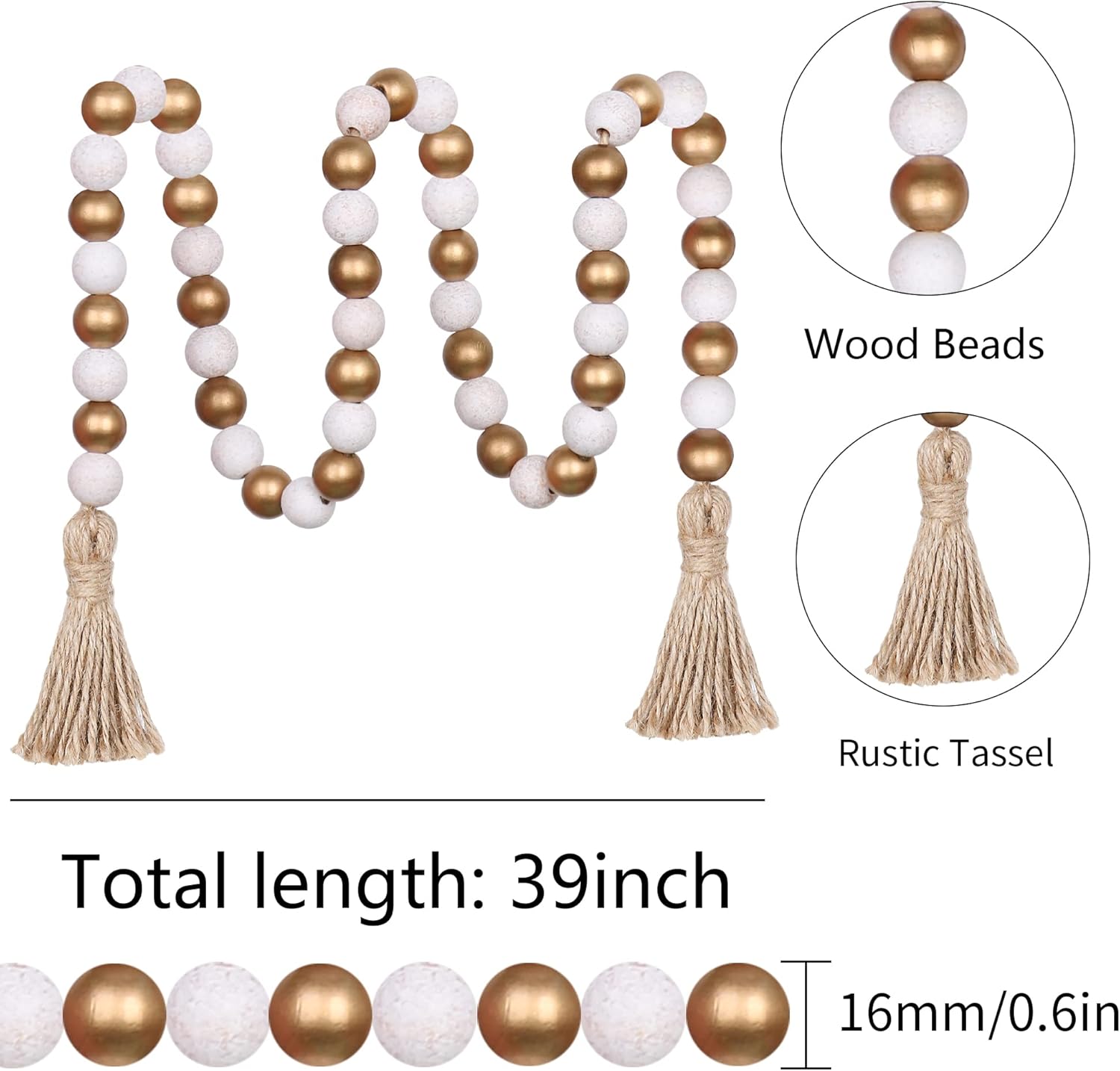 Wood Bead Garland,39in Farmhouse Beads with Tassels Boho Beads for Tiered Tray Decorative Beads Home Decor