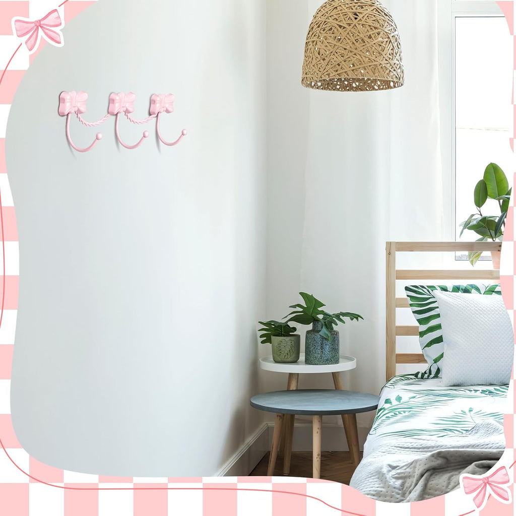 Pink Bow Wall Hooks Hanger for Towel Bag Coat Coquette Pink Bow Wall Decorative with Three Hooks Iron for Living Room Bathroom Bedroom Shower