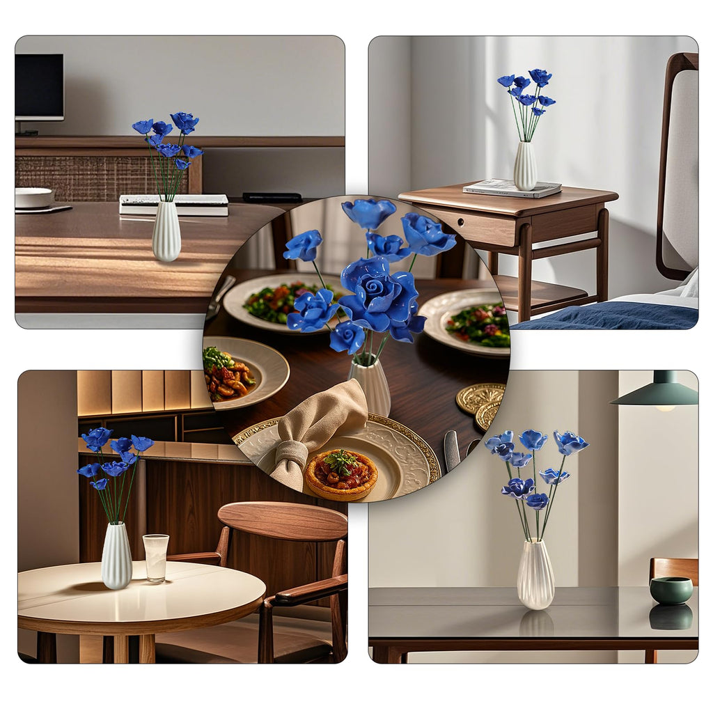 Handmade Ceramic Roses with Vase Set - 8 Artificial Porcelain Flowers and Modern Vase, Non-Fade Wedding Table Centerpiece, Eco-Friendly Home Décor for Living Room, Gift Box Included