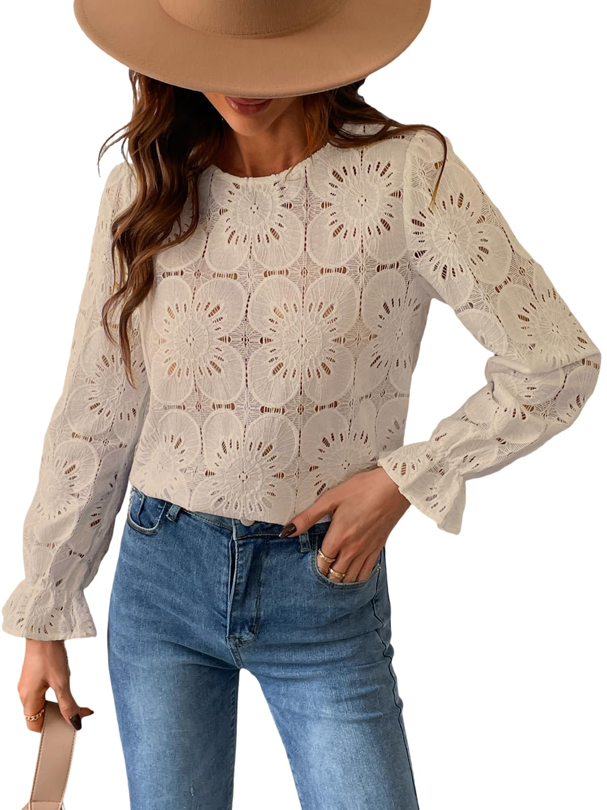 Women Eyelet Long Sleeve - Dressy Hollow Out Crochet Lace Embroidered Blouse
