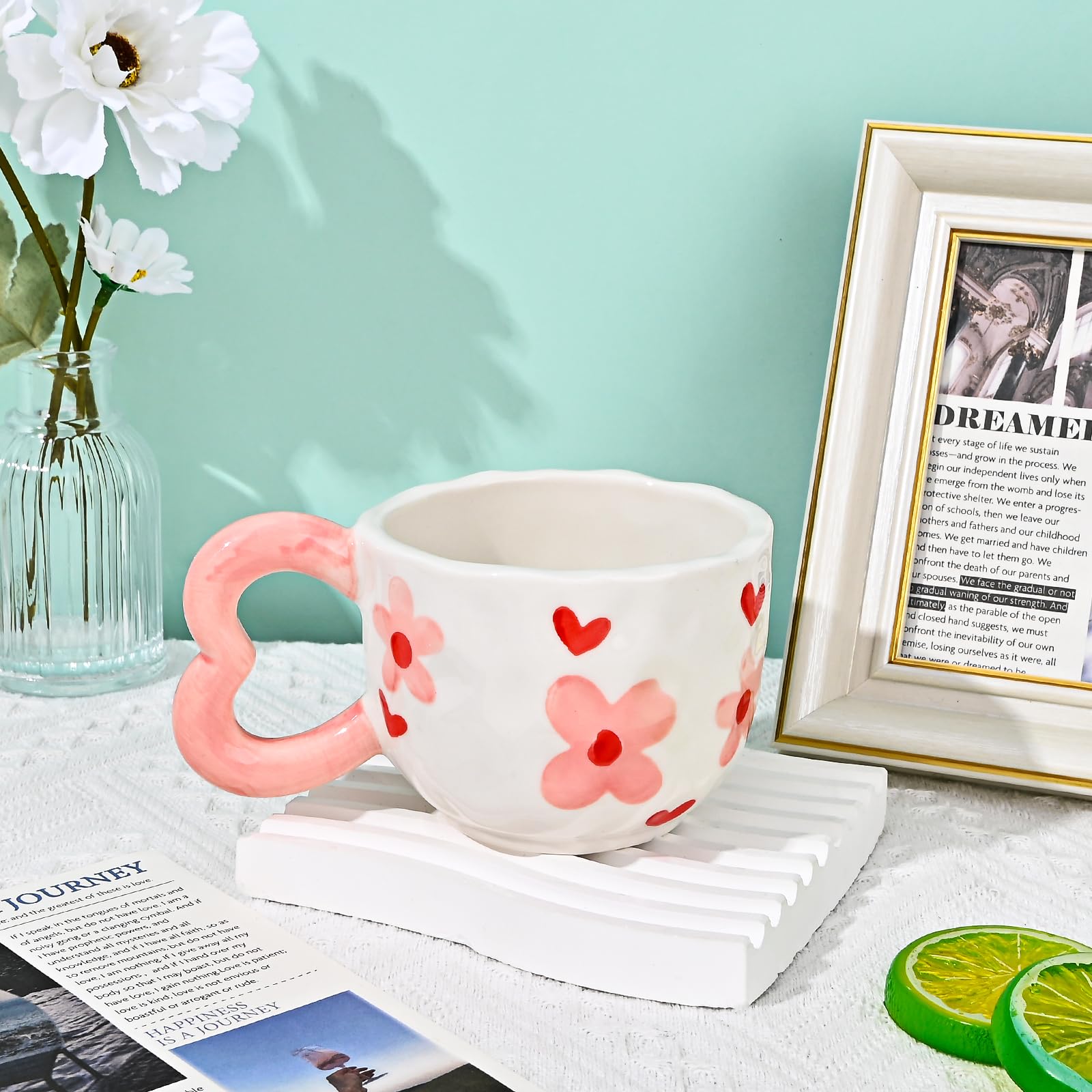 Ribbon Bow Ceramic Mug, Cute Creative Heart Handle Mug Design, 10.5 oz/300 ml