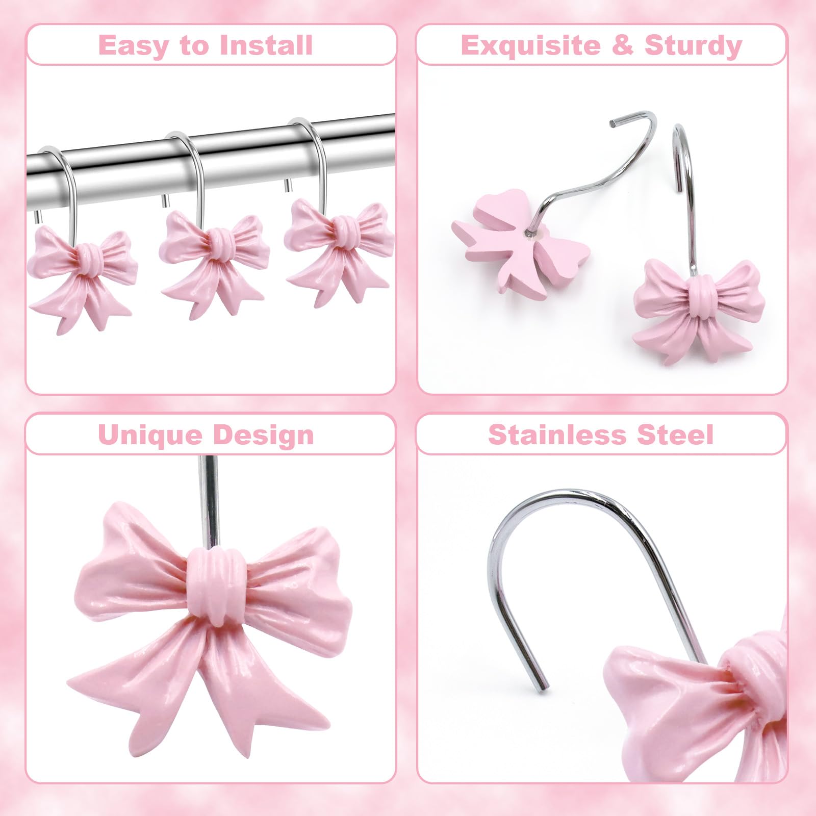 Decorative Pink Cute Bow Knot Shower Curtain Rings Resin Hanger for Girls Princess-Themed Bathroom Art Decor 12 PCS