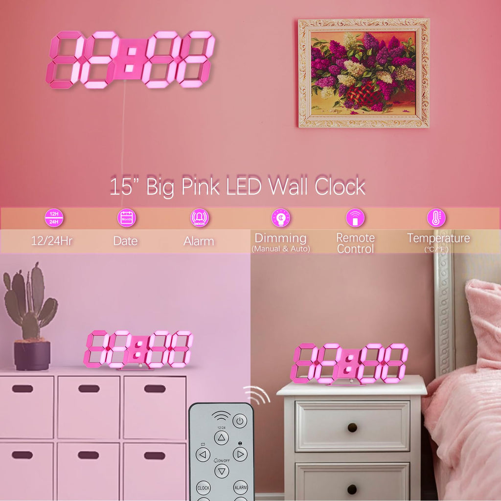 LED 3D Wall Clock 9.7" Clock with Remote/Dimming/12/24H/Temp/Alarm Clock/Date