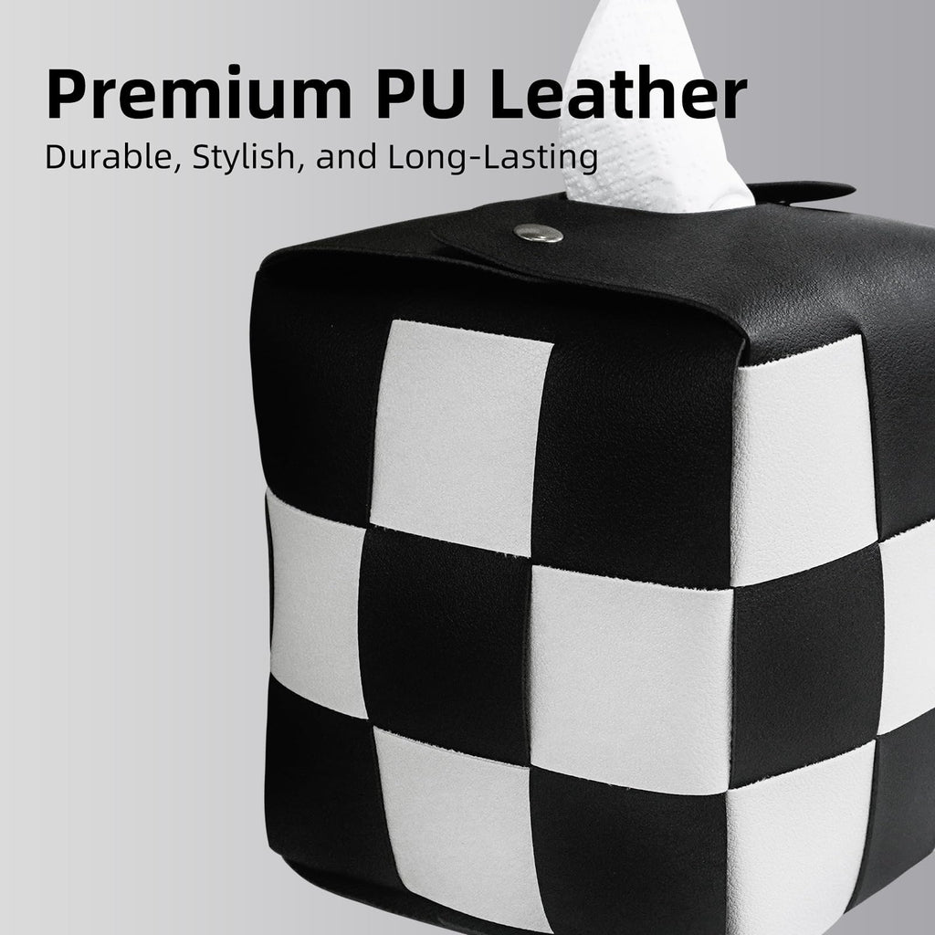 PU Leather Tissue Box Holder with Metal Buckle, Checkered Tissue Box, Decorative Organizer