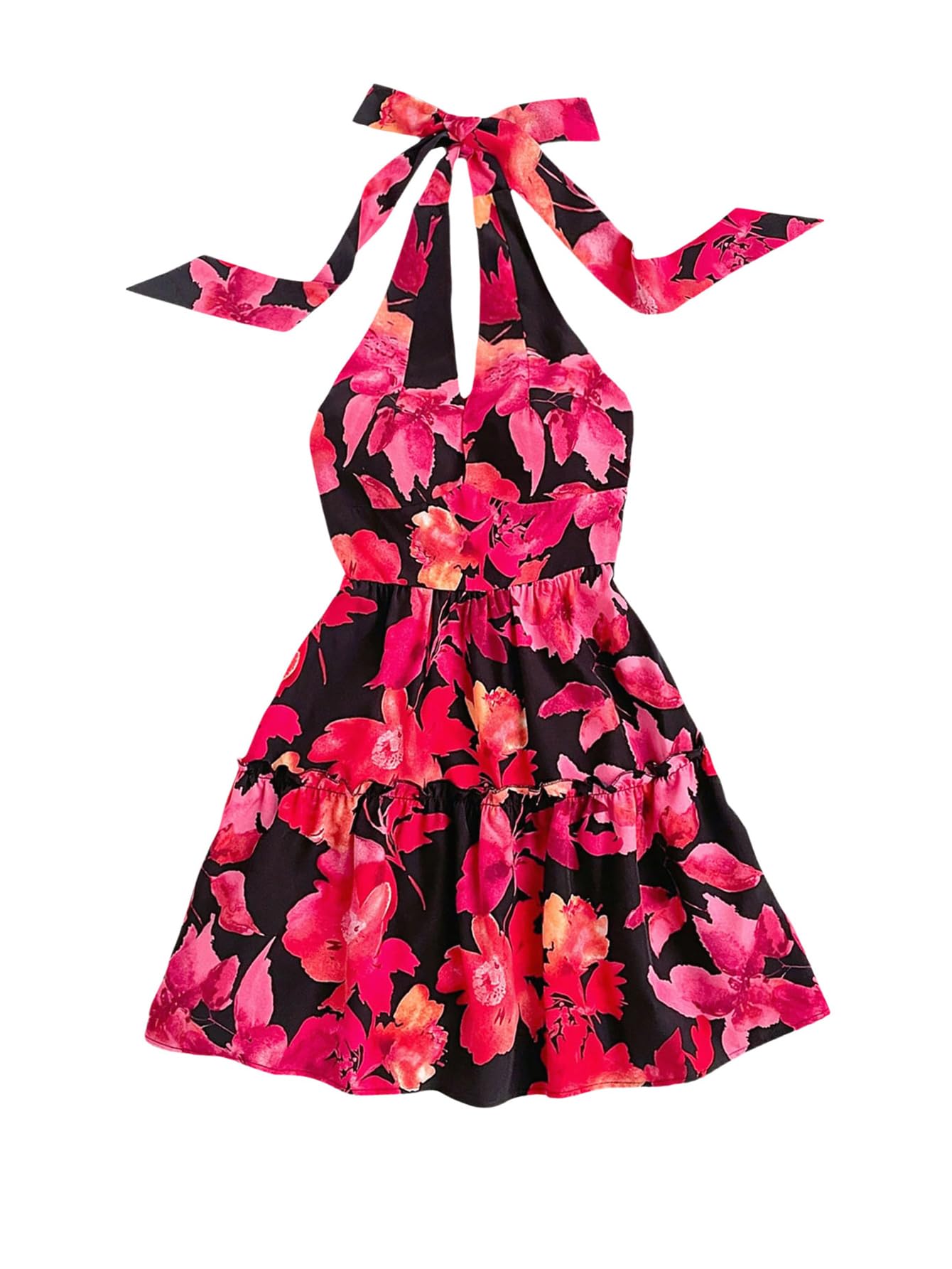 Women's Floral Print Sleeveless Halter Neck Layered Hem A Line Mini Dress