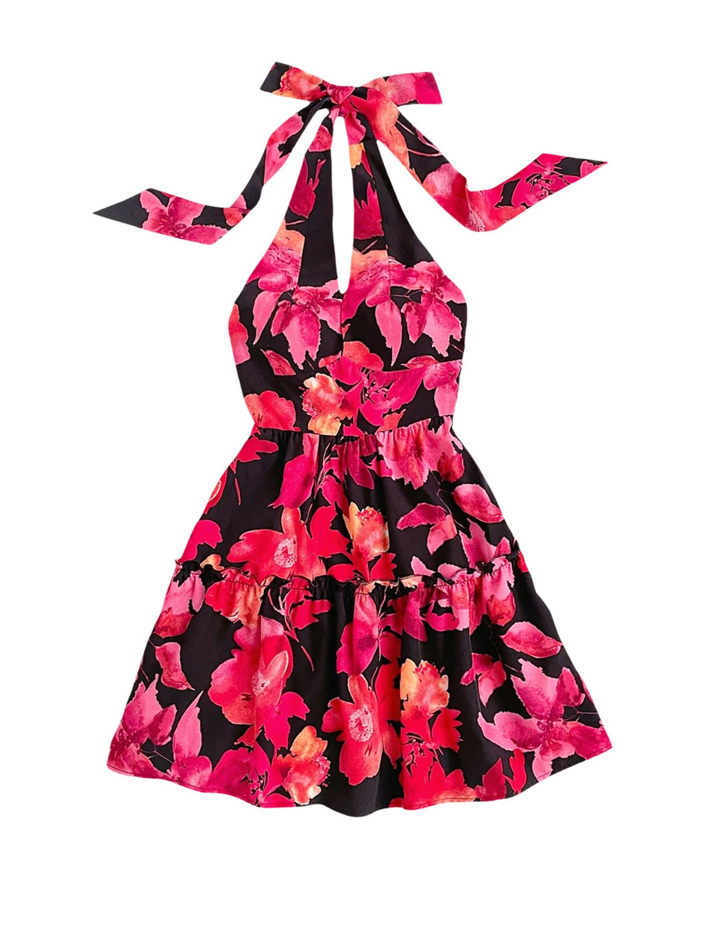 Women's Floral Print Sleeveless Halter Neck Layered Hem A Line Mini Dress