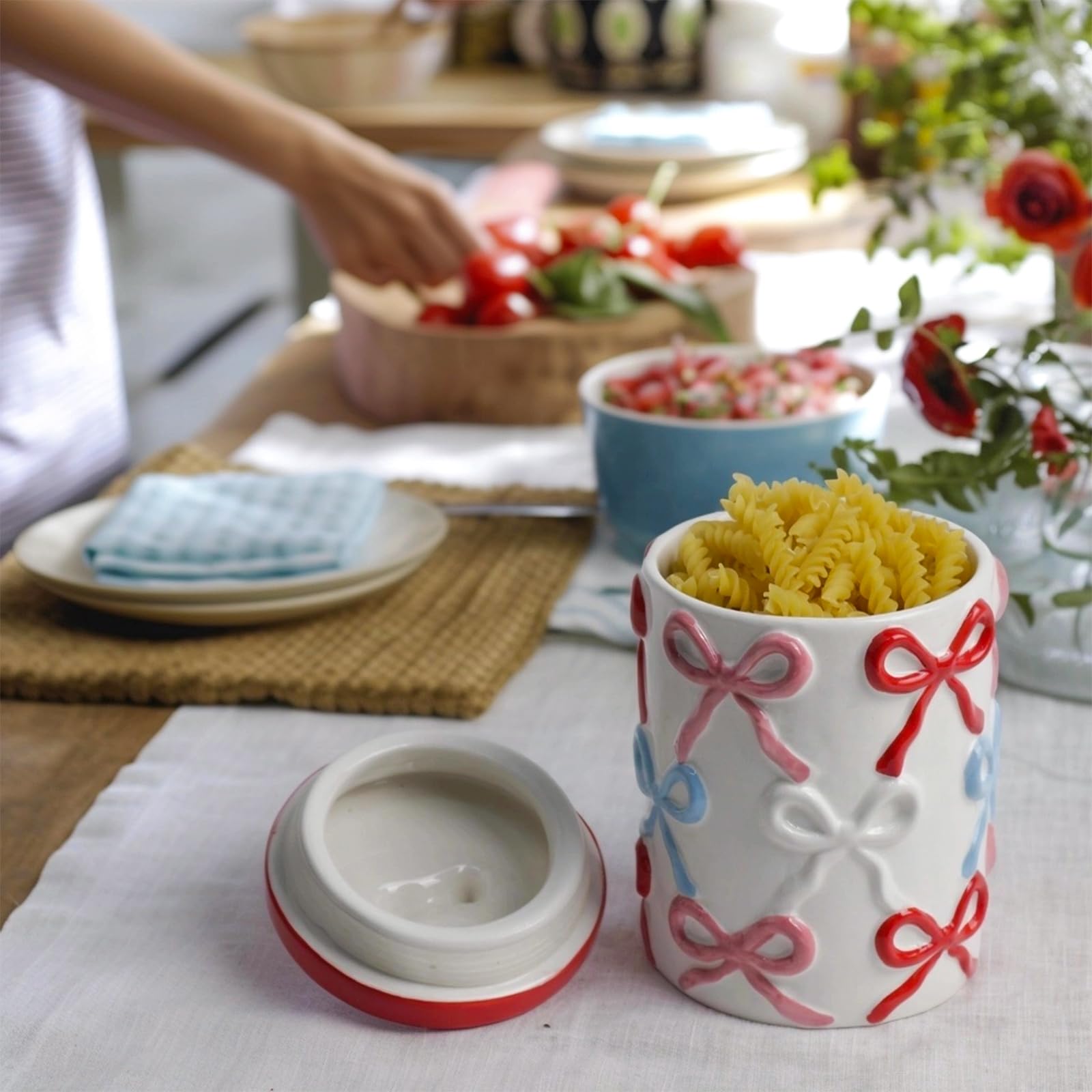 Cookie Bow Jars with Lid Airtight, 7.5 Inch Large Ceramic Food Storage Containers (42oz)