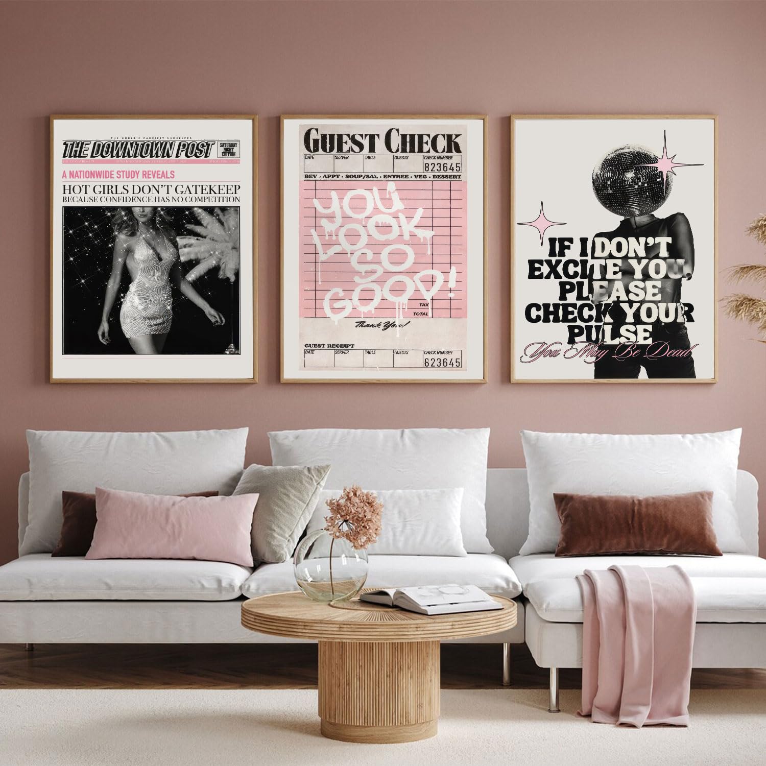 Vintage Pink Canvas Wall Art Set of 3 Funky Hot Girl Pictures Wall Decor