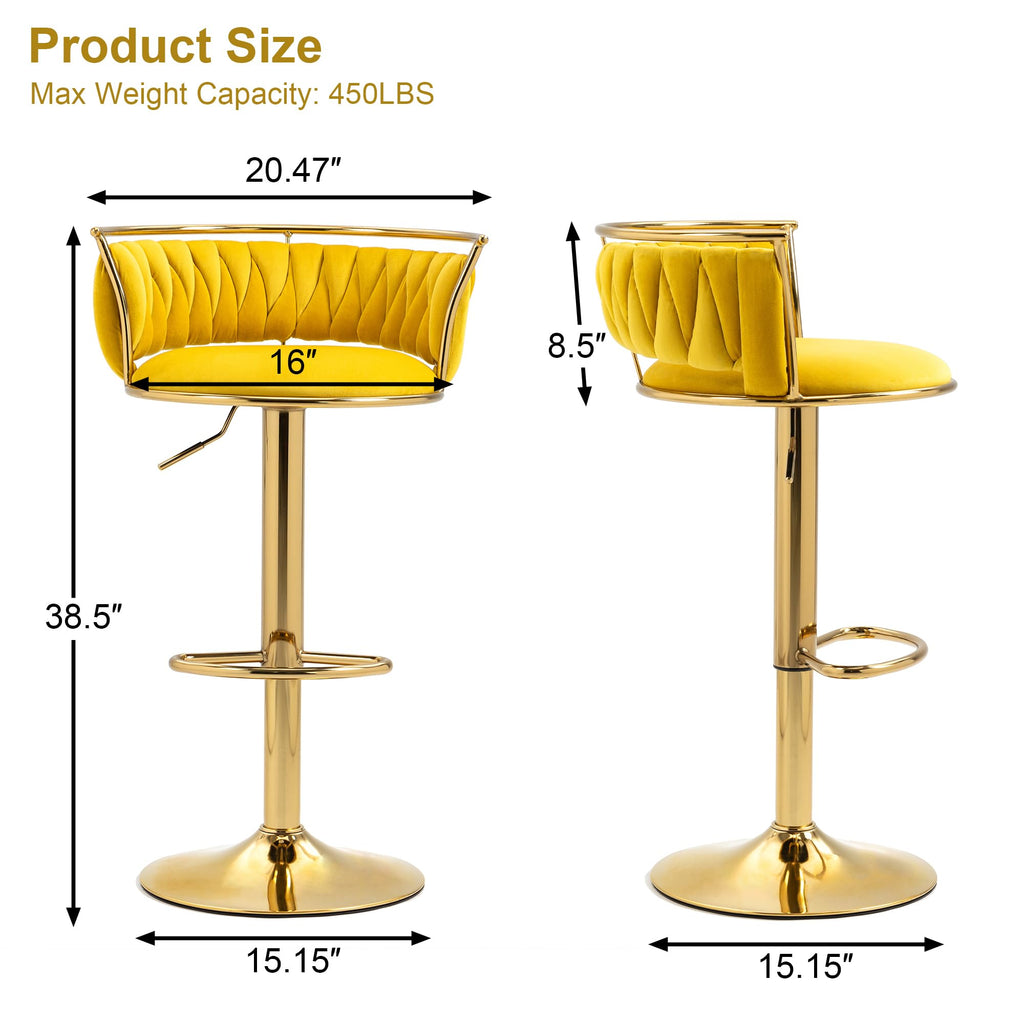 Velvet Swivel Bar Stools, Adjustable Counter Height Bar Chairs with Low Back & Footrest, Modern Gold Bar Stools for Kitchen Island, Bar Pub