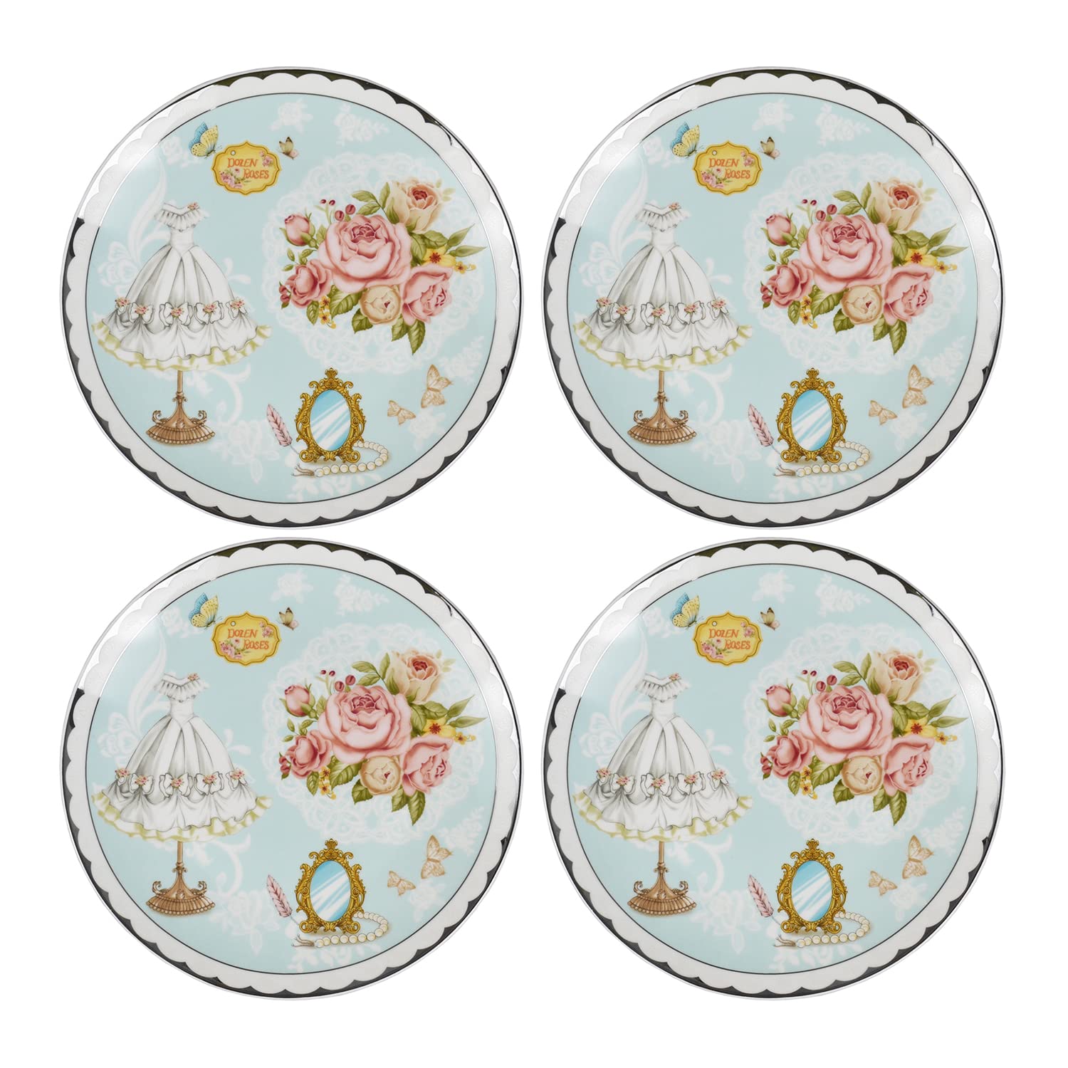 Vintage Floral Flowers Pattern Ceramic Plates, Set of 4
