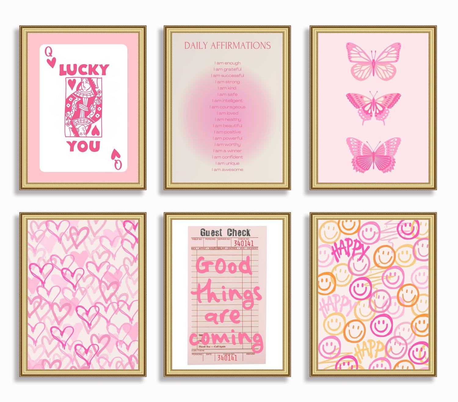 Pink and Orange Preppy Wall Art Queen Poker Halo Angel Digital Poster Tiger Heart You Look Good Yk2 Print Fashion Preppy Canvas Unframed Size: 8x10 inches 6 Pieces