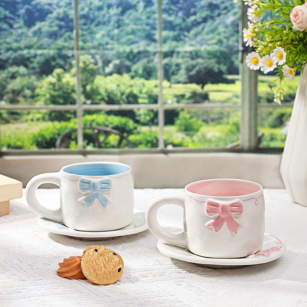 Elegant Bowknot Tea Cup and Saucer Set, Ceramic Tea Mug Set with Butterfly Bow Design, Perfect for Afternoon Tea or Home Décor