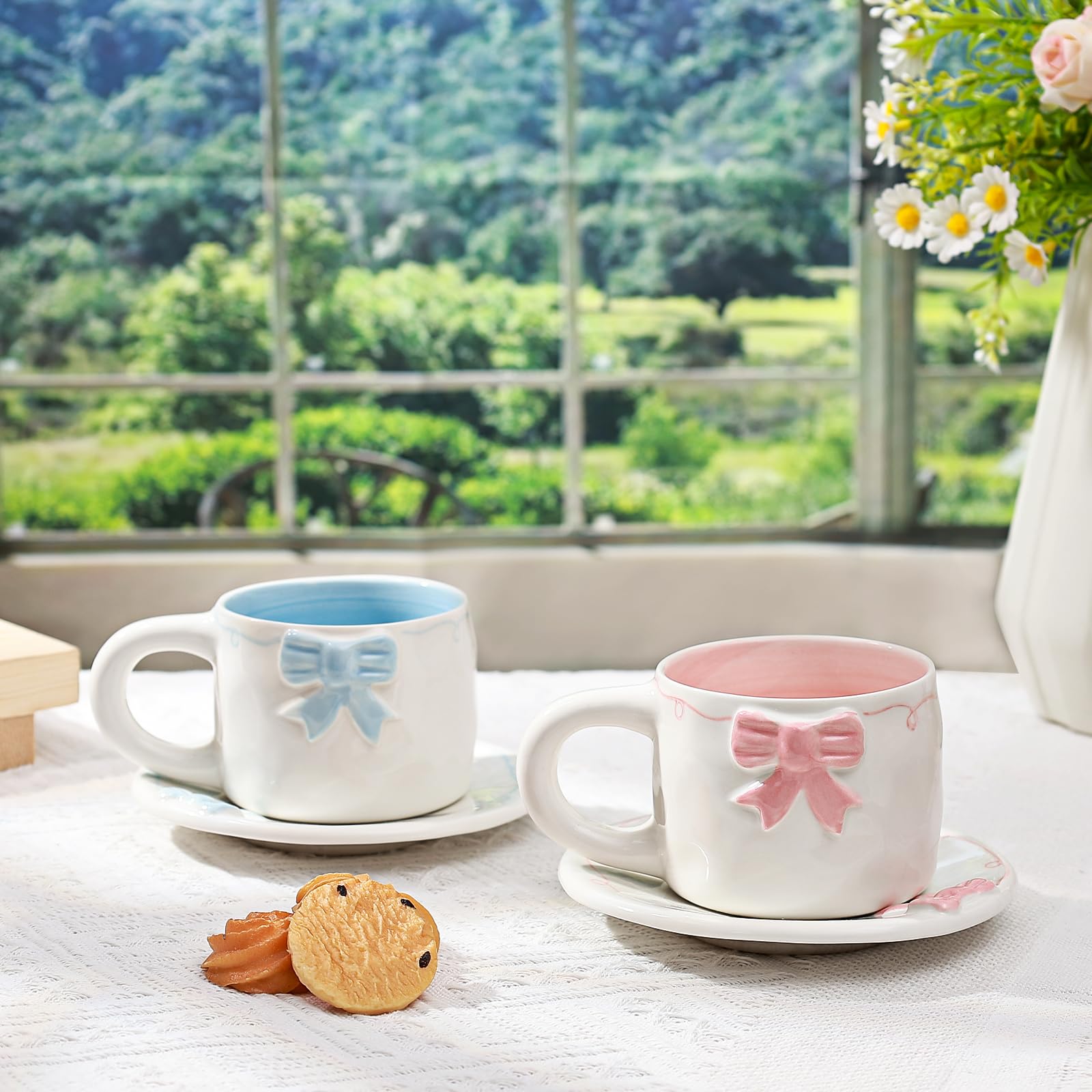 Elegant Bowknot Tea Cup and Saucer Set, Ceramic Tea Mug Set with Butterfly Bow Design, Perfect for Afternoon Tea or Home Décor