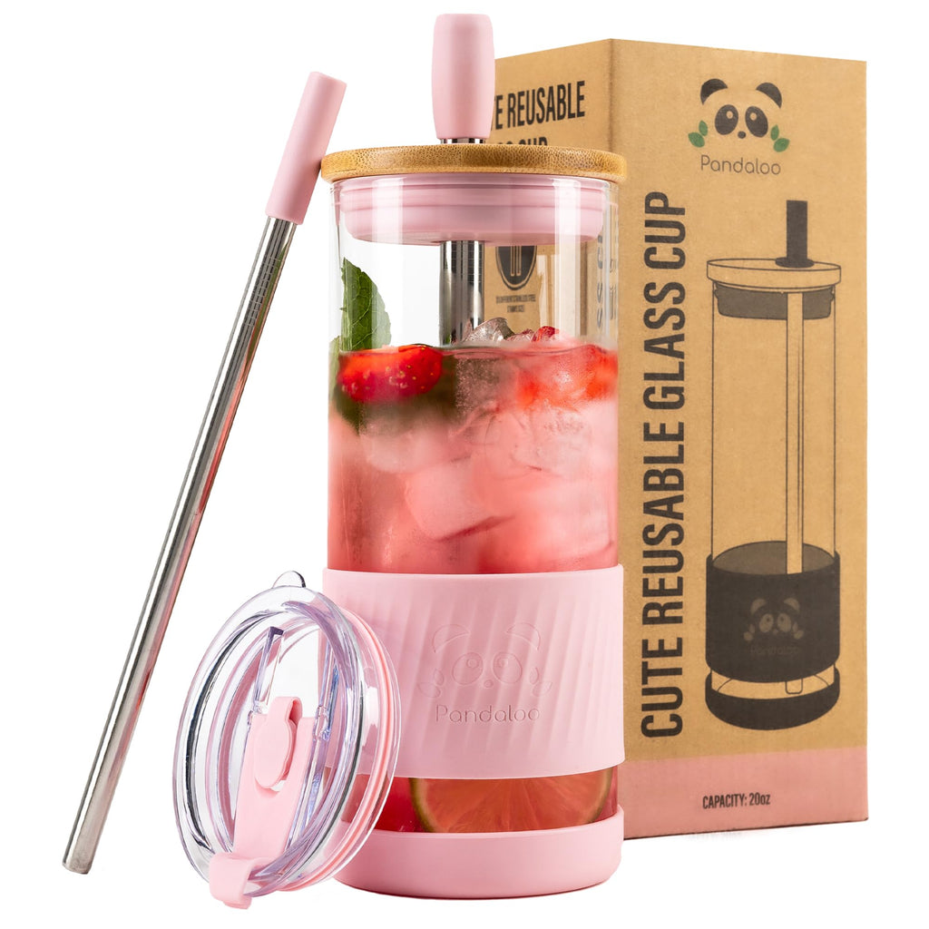 Pandaloo® Glass Cups With Lids and Straws -20 Fl Oz- Perfect Size Iced Coffee Cup - Smoothie Cup With Bamboo Lid and On the go Lid - Glass Tumbler With Straw