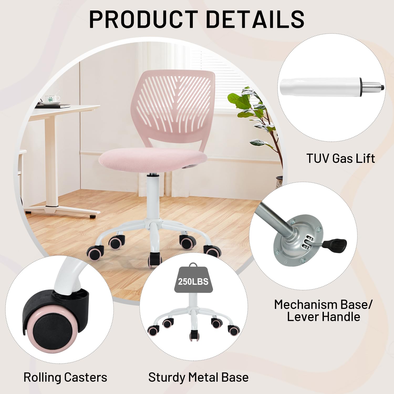 Study Desk Chair Armless Cute, Ergonomic Small Swivel Adjustable Rolling Lightweight Task Chair with Wheels and Mesh Padded Cushion