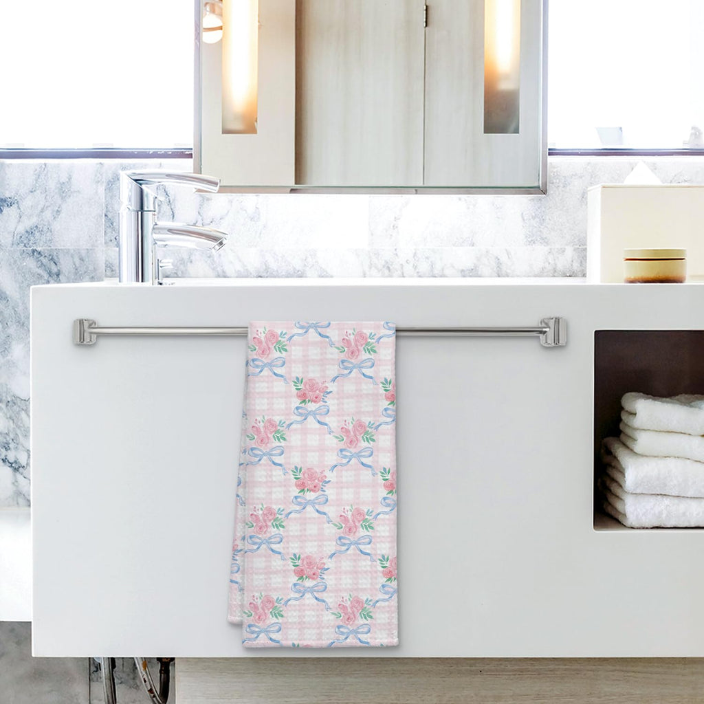 Coquette Bow Floral Kitchen Towel, Grandmillennial Pink Rose Flower Gingham Hand Towel for Bathroom, Pink and White Checkered Dish Tea Towel, 16x24 Inch