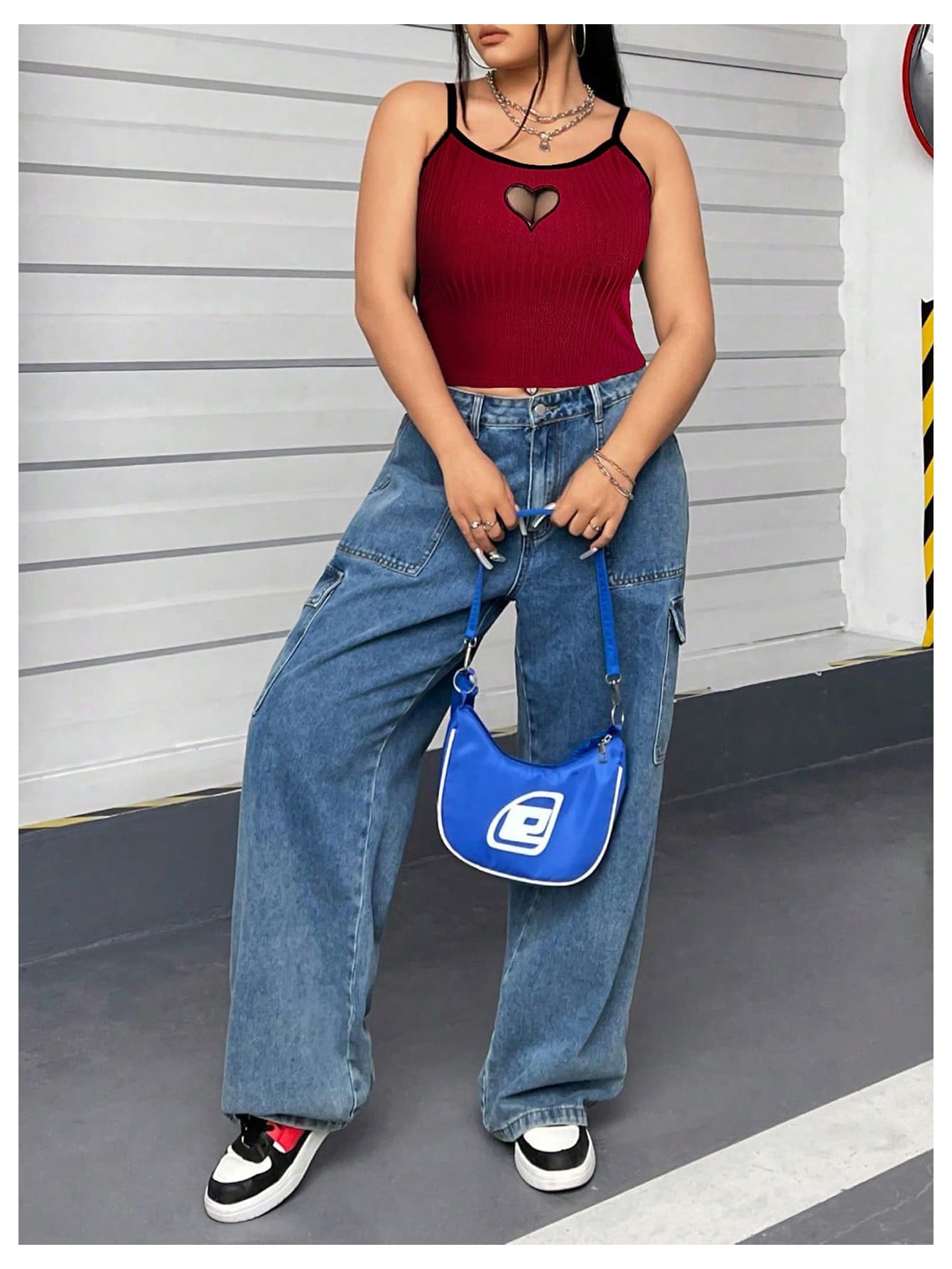 Women's Plus Size Cami Crop Tops Contrast Mesh Spaghetti Strap Summer Top