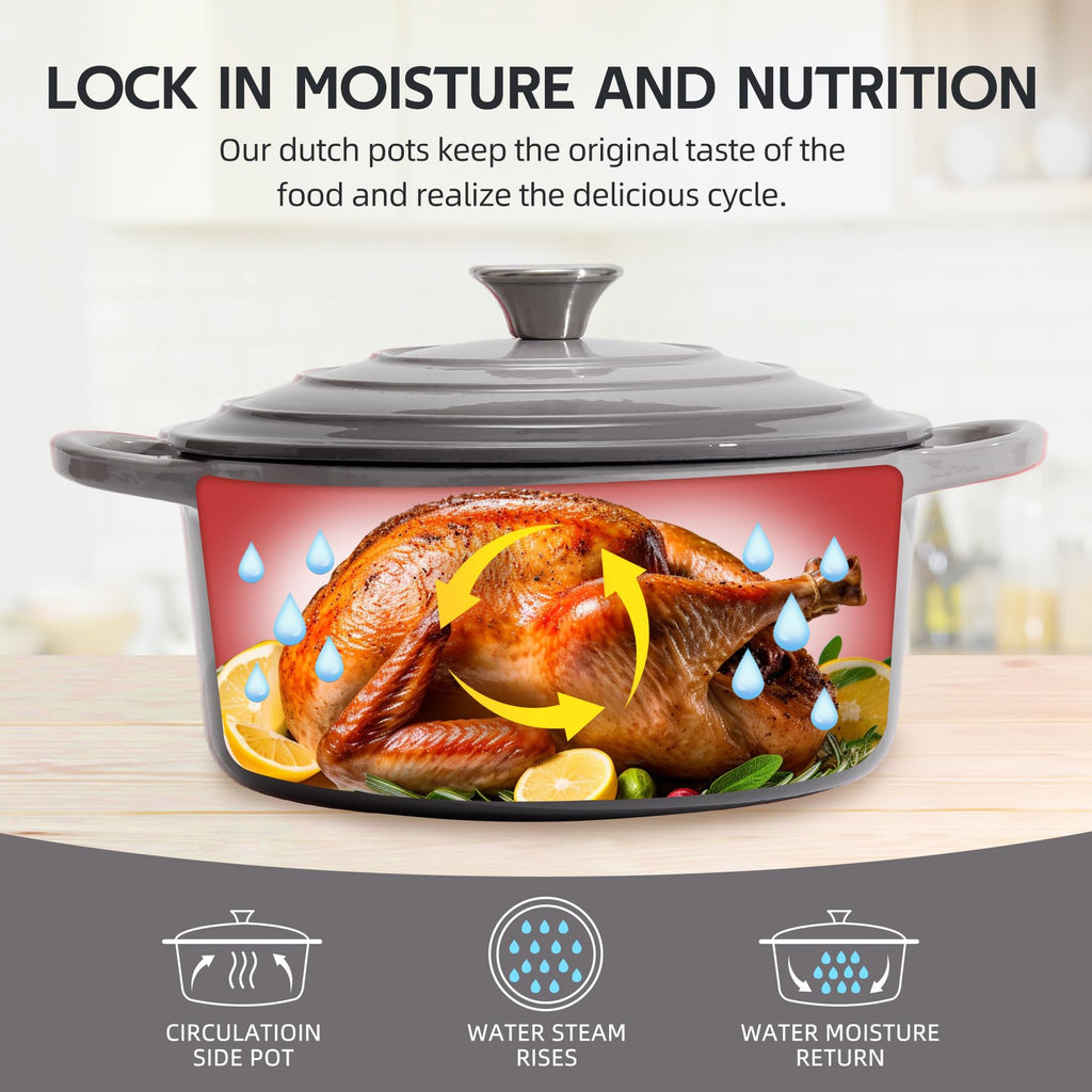 Enameled Cast Iron Dutch Oven with Lid - Big Dual Handles - Round Pot for Versatile Cooking 6 Quart