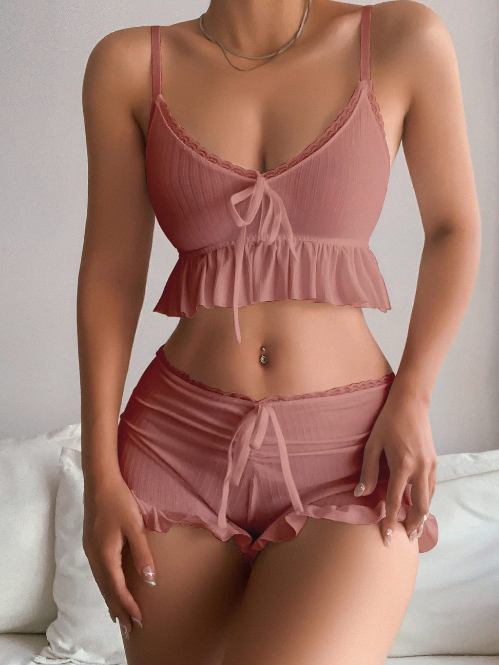 Women's 2 Piece Lingerie Set Pajama Sets Ruffle Trim Tie Front Cami Top and Shorts Sleepwear