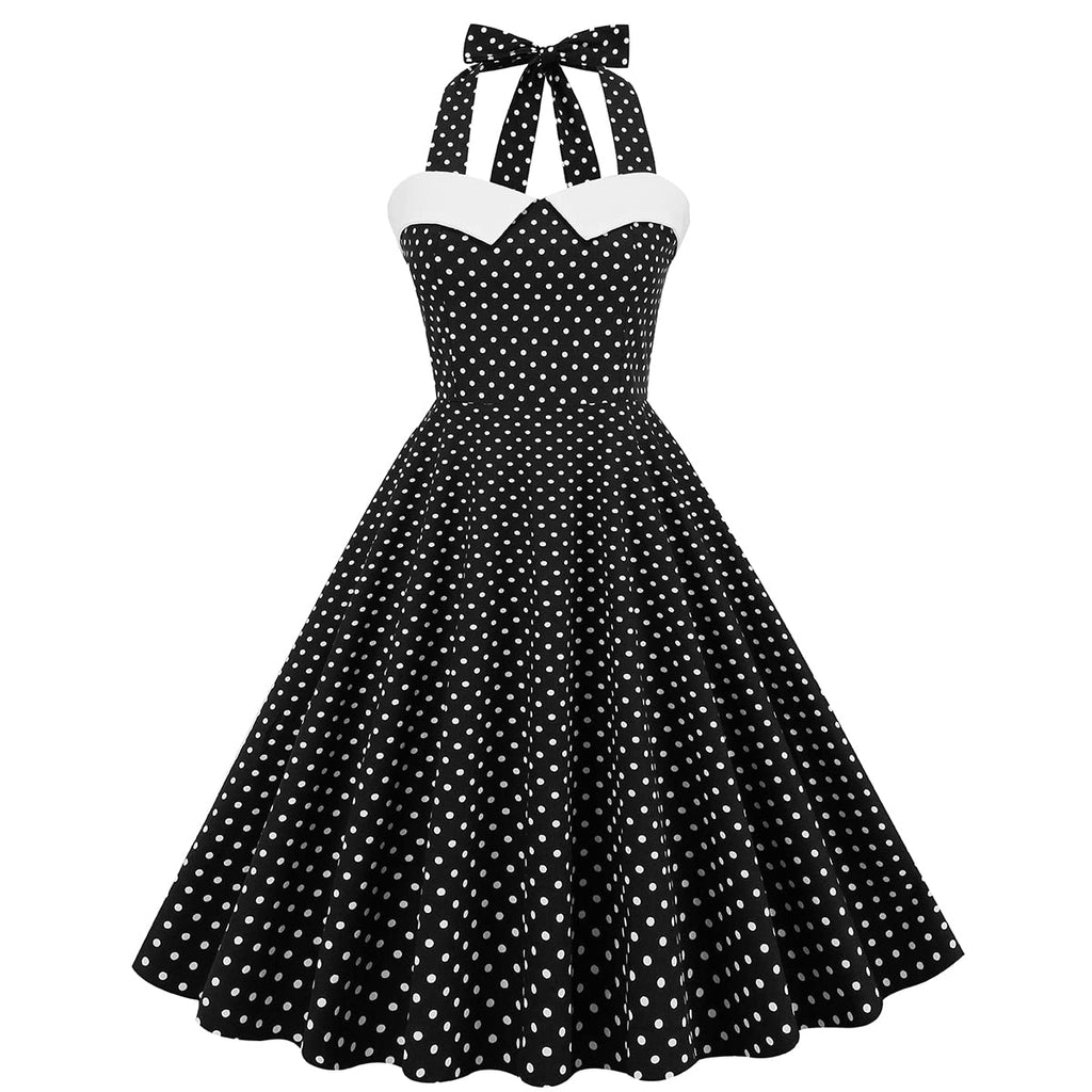 Vintage Women 1950s Rockabilly Swing Dress Pinup 50s Retro Hepburn Style Halterneck A-Line Dresses