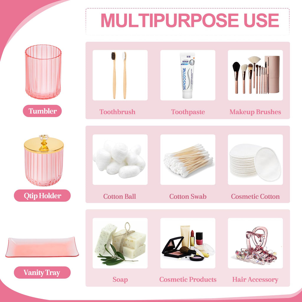 Glass Bathroom Accessories Set 4PCS Bathroom Accessories Set with Soap Dispenser Toothbrush Holder Qtip Holder & Vanity Tray