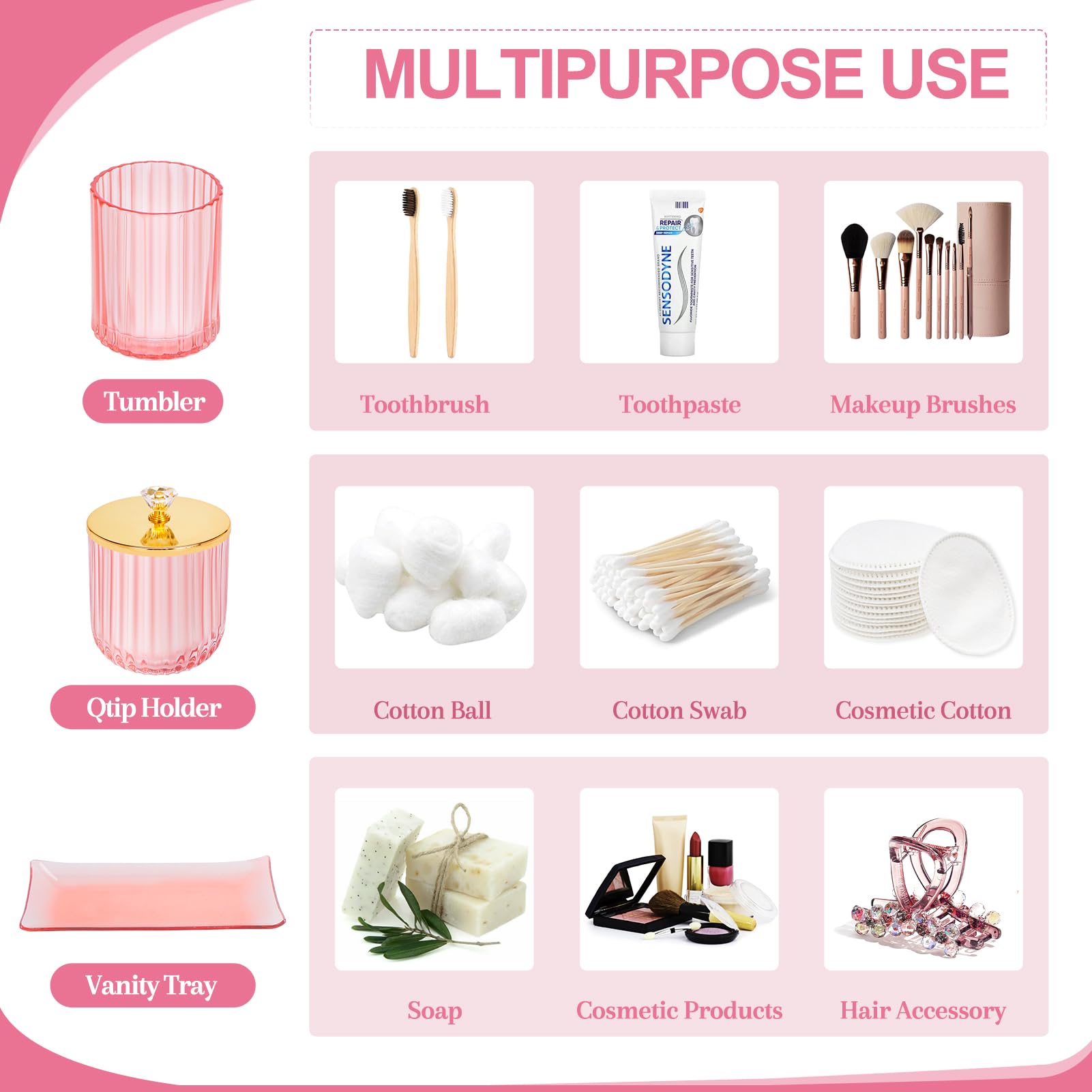 Glass Bathroom Accessories Set 4PCS Bathroom Accessories Set with Soap Dispenser Toothbrush Holder Qtip Holder & Vanity Tray