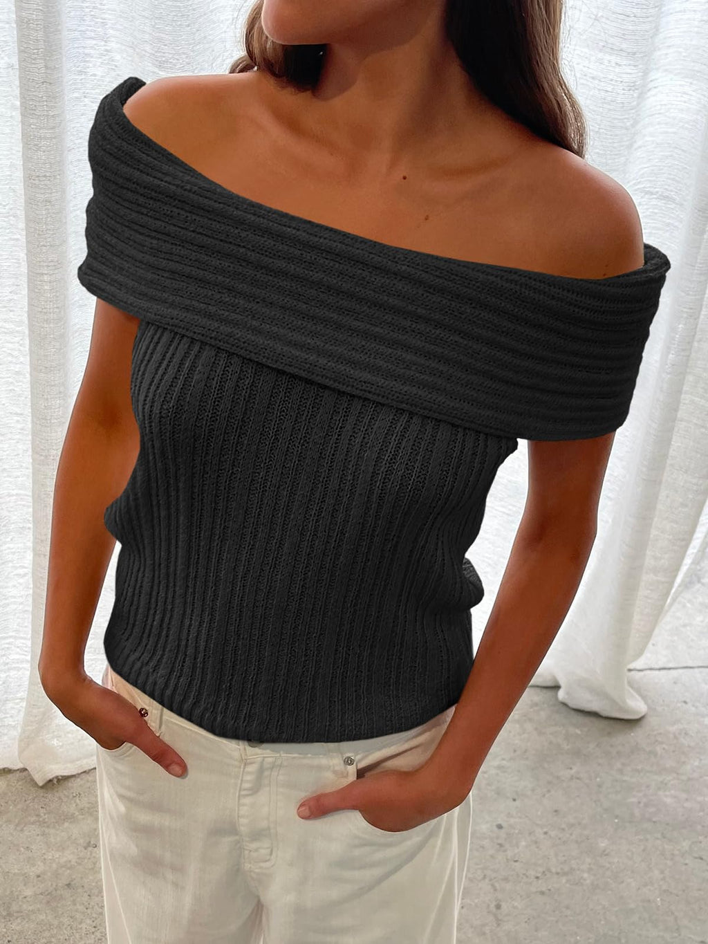 Womens Off The Shoulder Sweater Tops Summer Sleeveless Strapless Ribbed Sexy Pullover Shirts