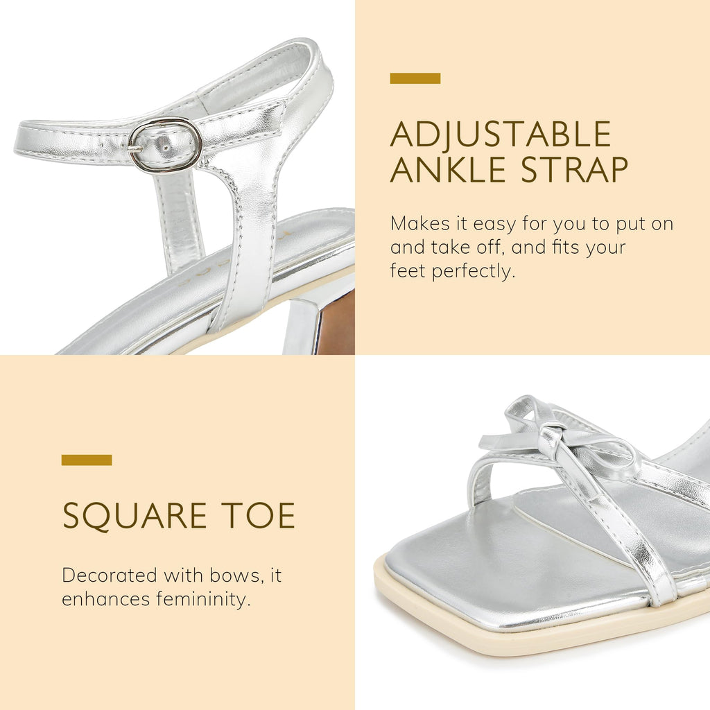 High Heels for Women Bow Block Chunky Heels Square Open Toe Sandals Strappy Heels