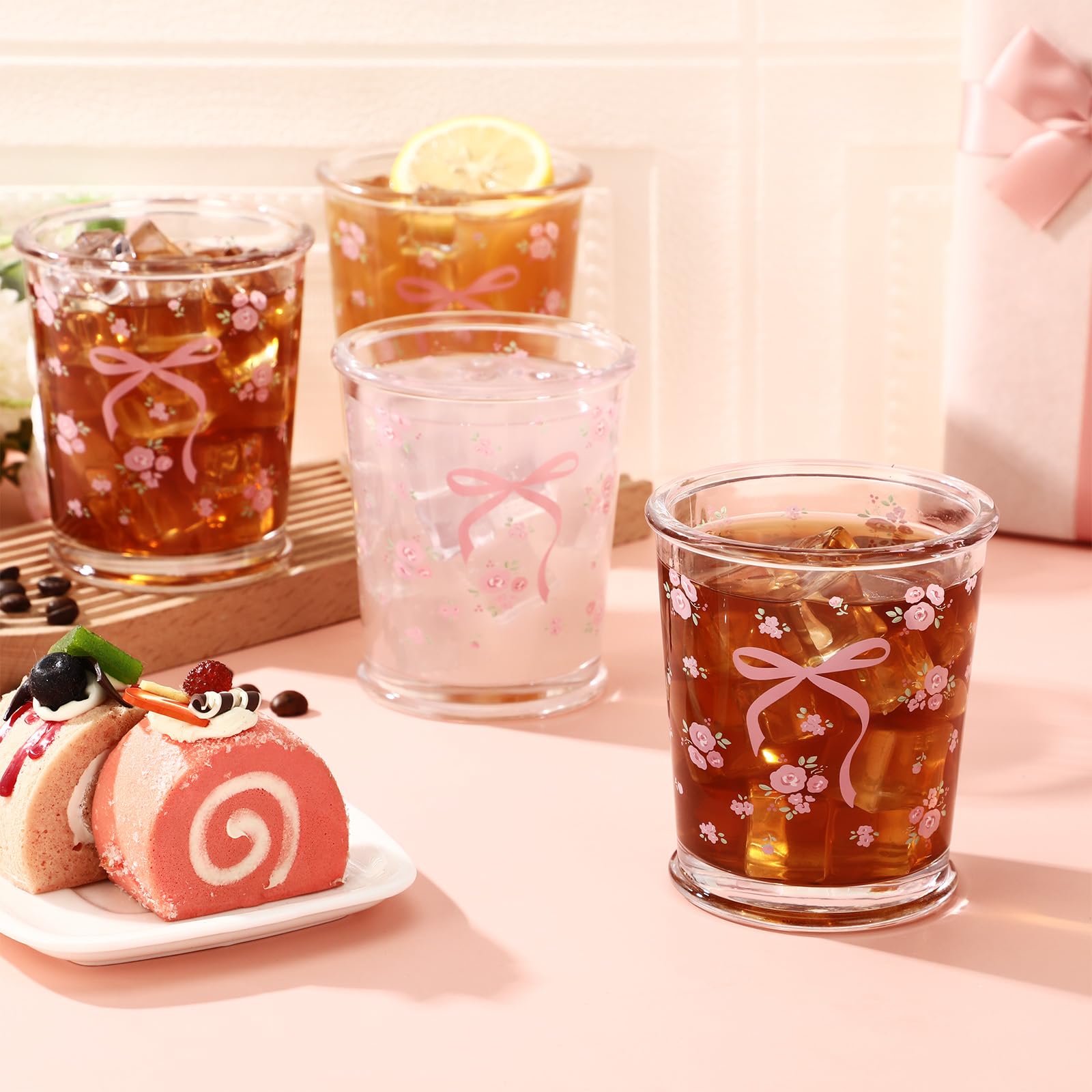 Coquette Bow Glass Cups Pink Bow Aesthetic Drinking Glasses 4 Pcs 8oz