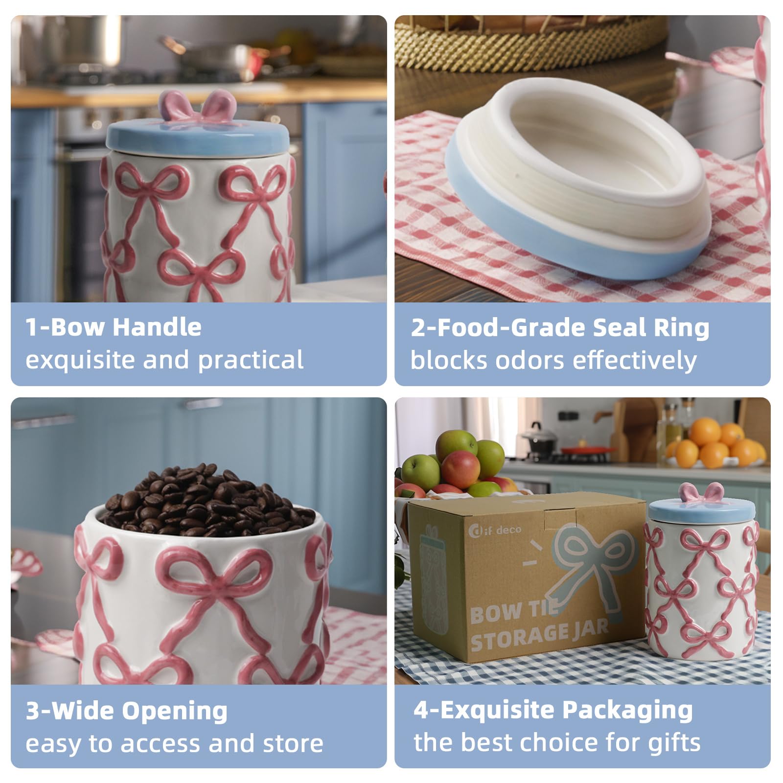 Cookie Bow Jars with Lid Airtight, 7.5 Inch Large Ceramic Food Storage Containers (42oz)