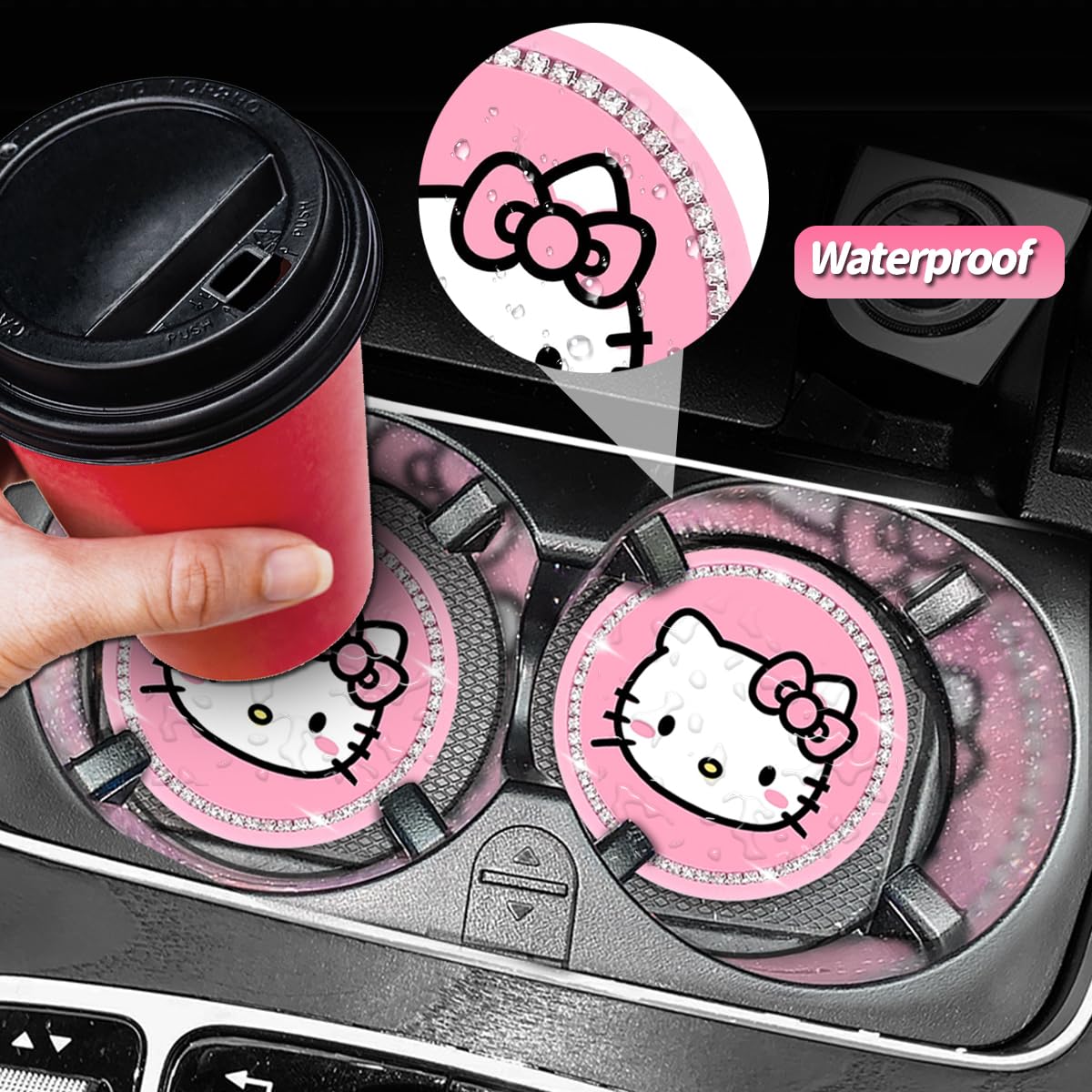 Cute Kitty Cup Holder Coasters, Black Silicone Anti-Slip Car Coasters, Cup Pads for Home Office, Universal 2.75 Inch 2PCS