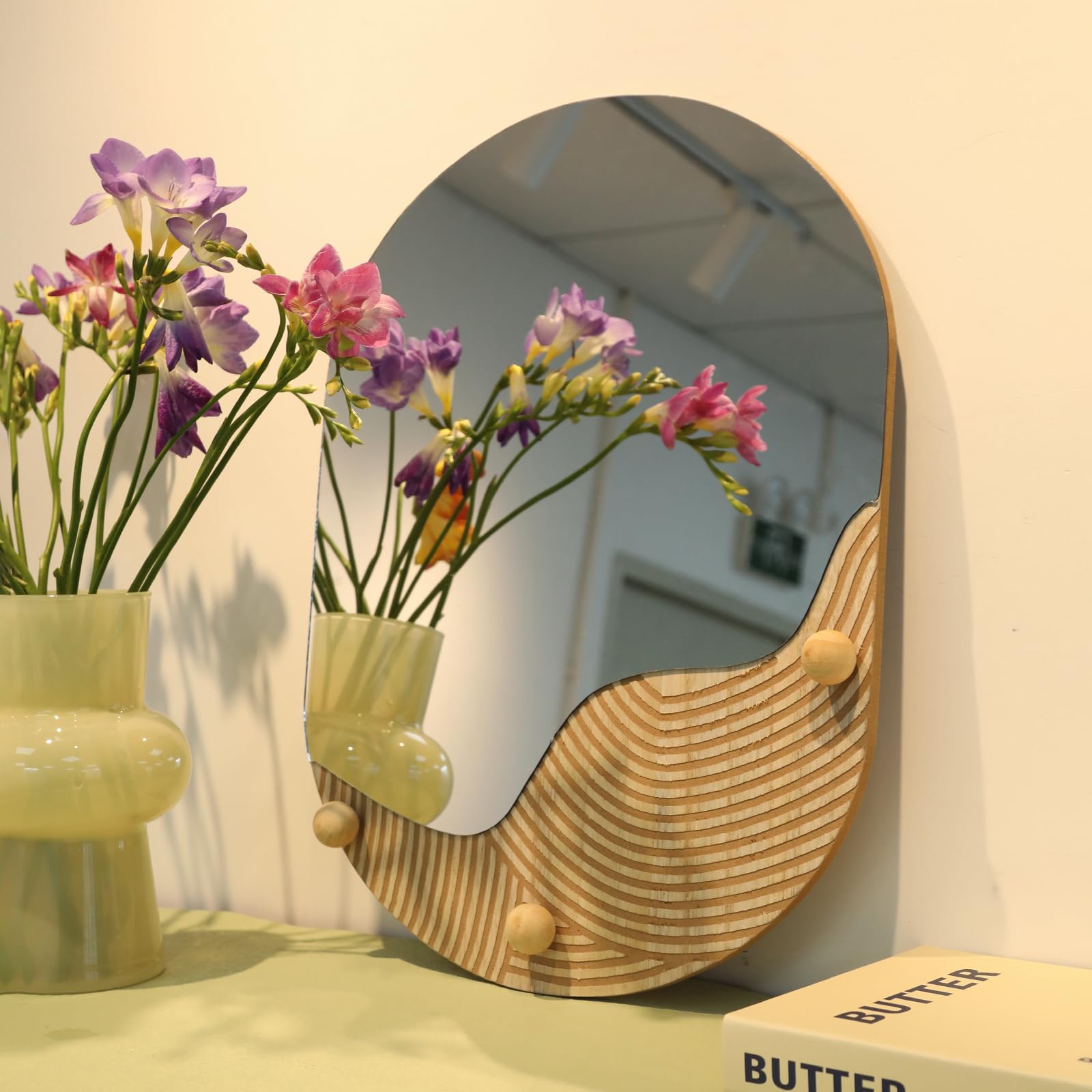 Wall Mirror Decor for Living Room Bedroom, Arched Wood Carved Wall-Mounted Decorative Mirror for Hallway Entryway Staircase Decor, Countryside Hanging Sculpture Home Accent