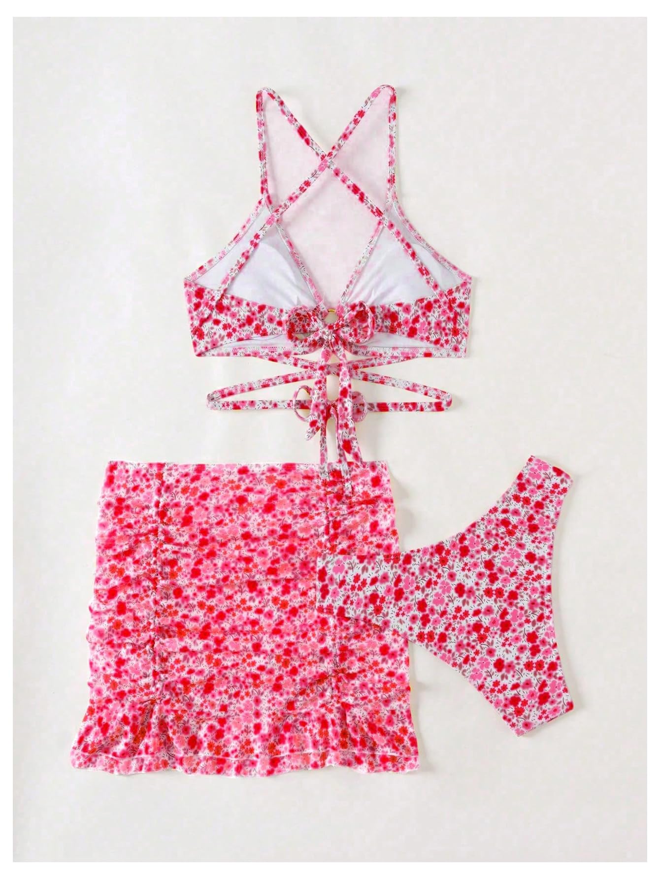 Women's 3 Piece Swimsuits Floral Criss Cross Halter Thong Bikini Sets Bathing Suit with Cover Up Ruffle Skirts