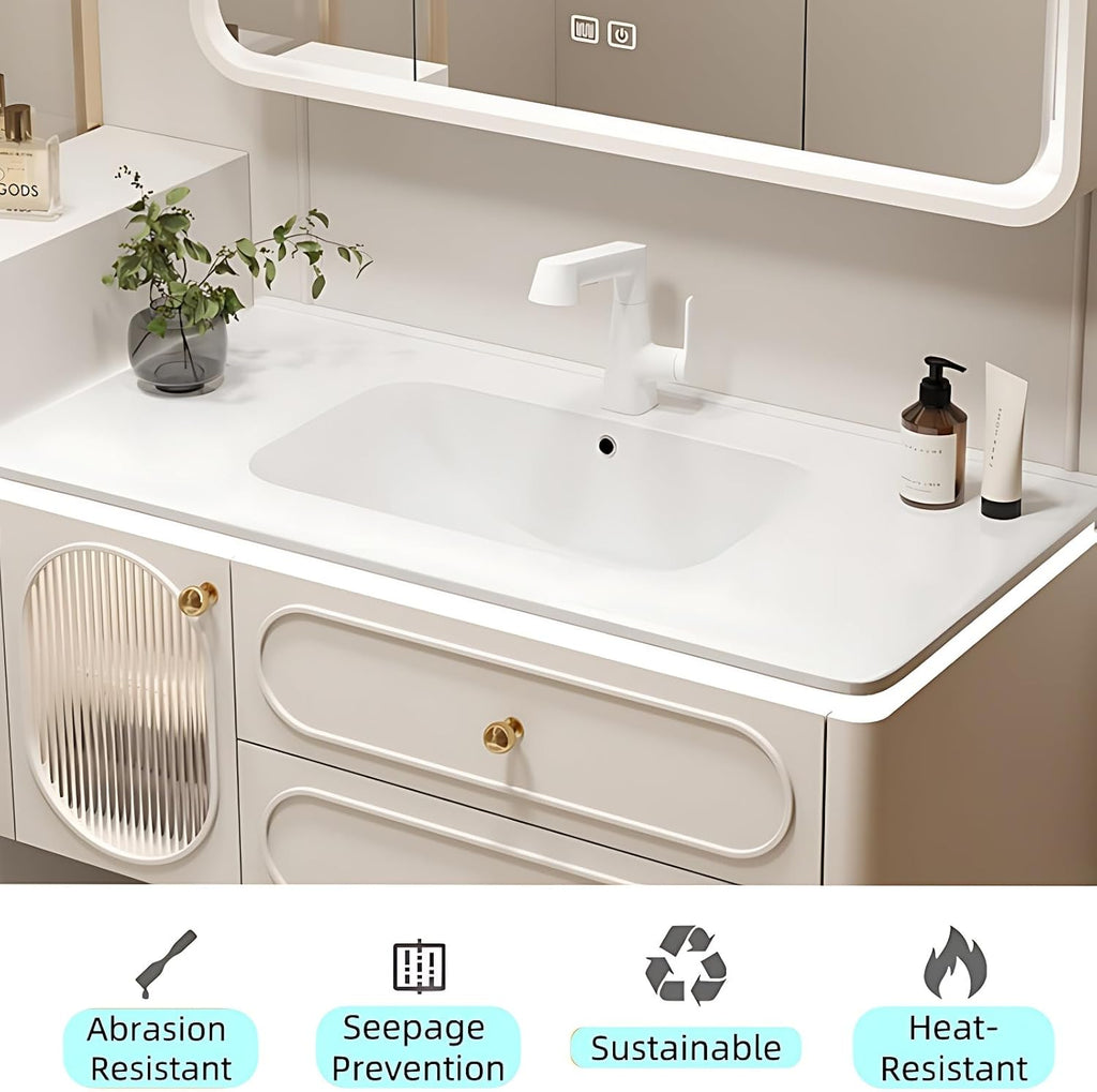 Wall-Mounted Bathroom Vanity Set - Included Single Sink, Contemporary Bathroom Vanity Featuring an Intelligent LED Defogging Mirror Cabinet & Ample Storage, Solid Wood Construction