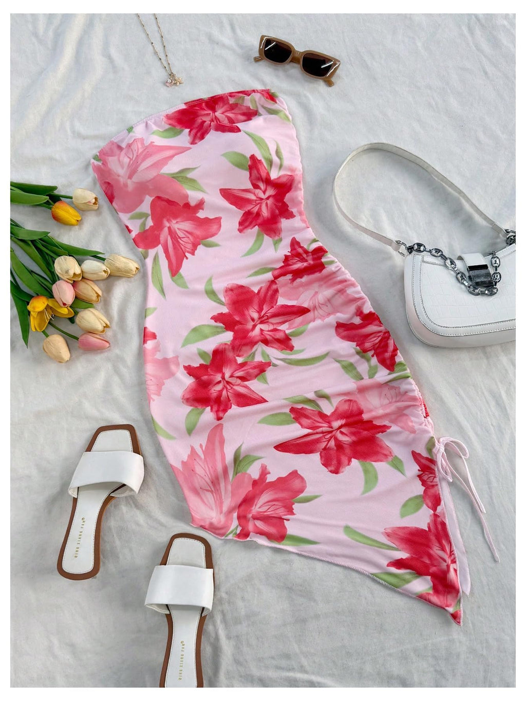 Women's Floral Print Tube Dress Ruched Drawstring Slit Hem Mini Dresses