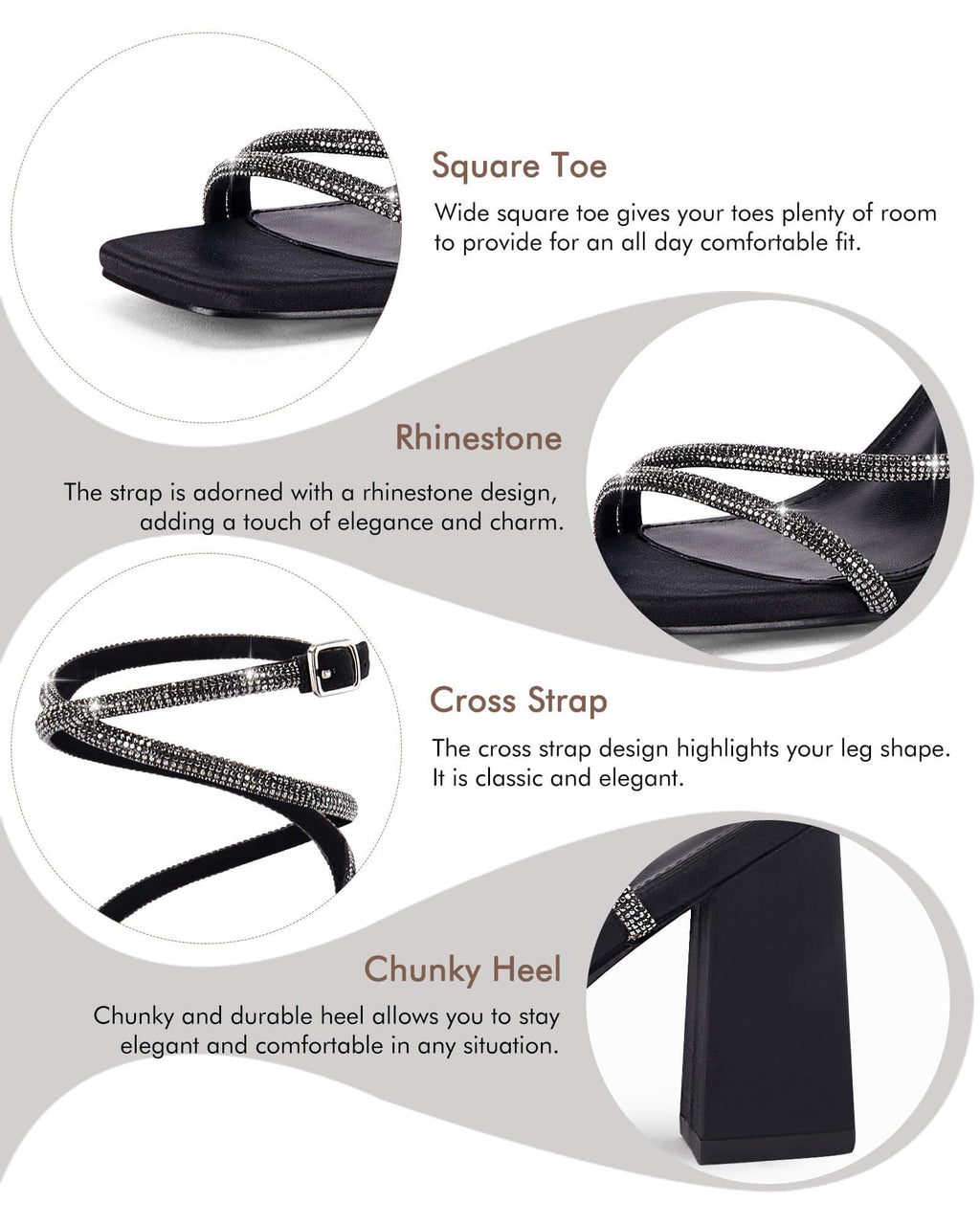 Womens Lace Up Chunky Heels Rhinestone Sandals Square Open Toe High Block Heeled