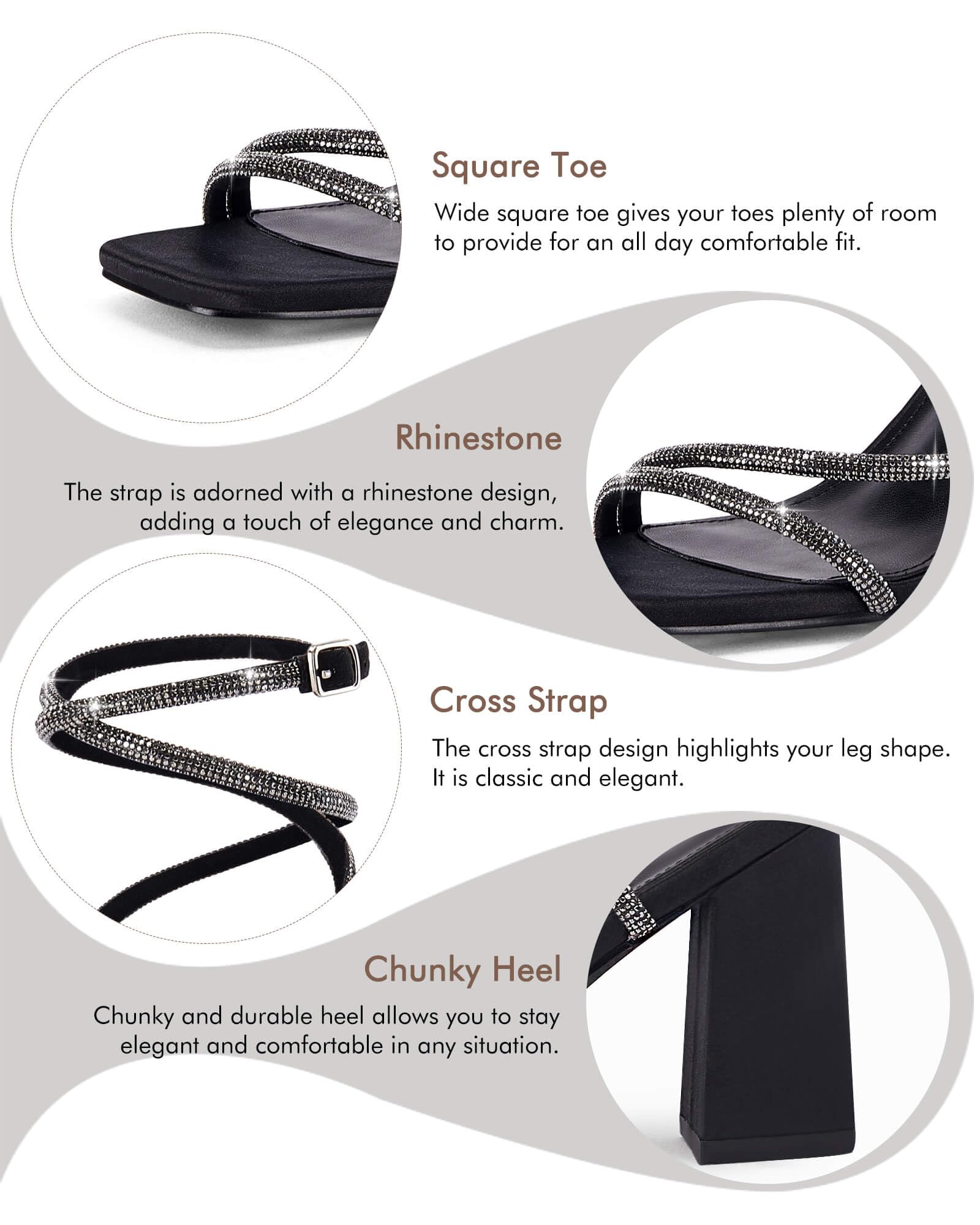 Womens Lace Up Chunky Heels Rhinestone Sandals Square Open Toe High Block Heeled